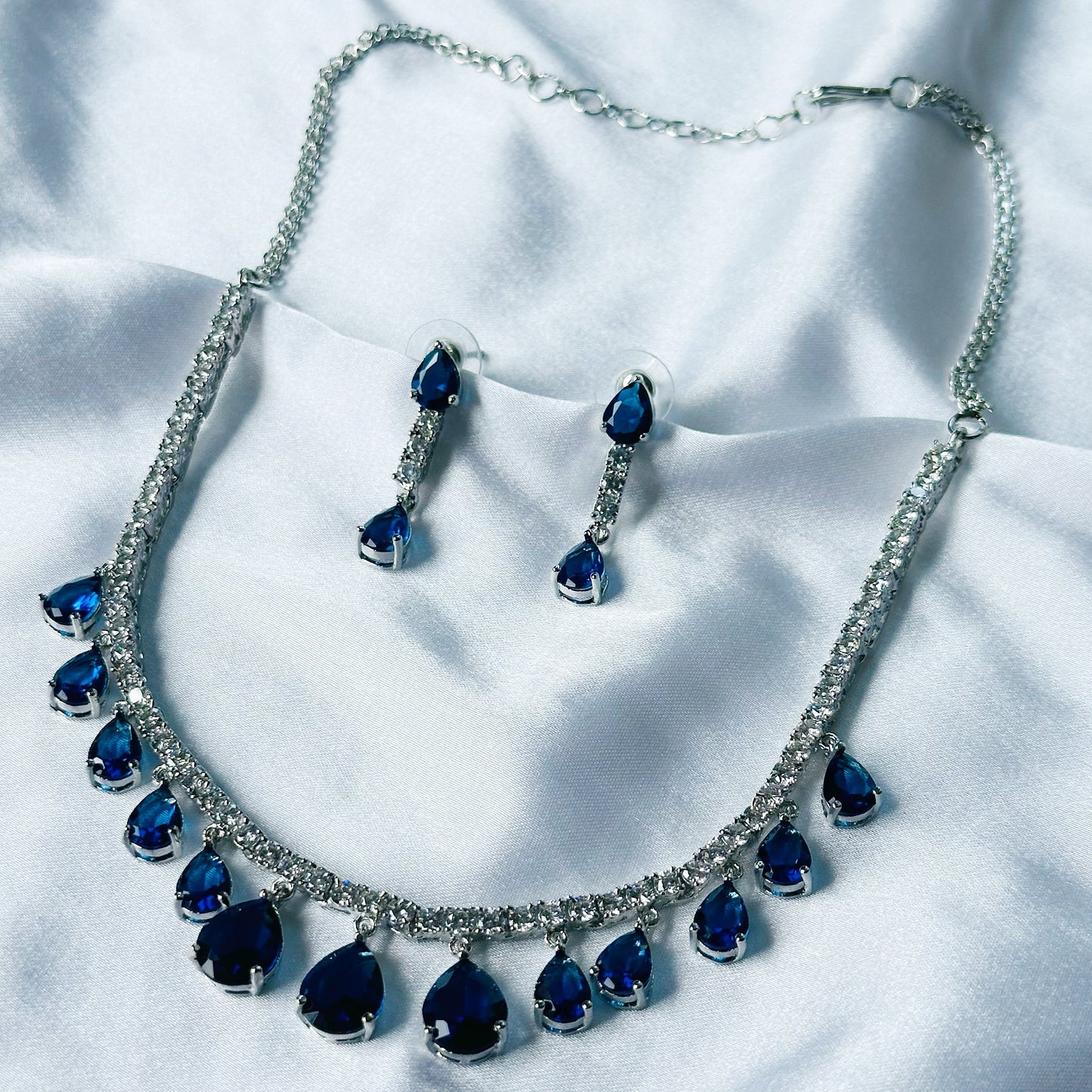 Blue Sapphire Cubic Zircon Stones American Diamond Silver Plated Necklace Set
