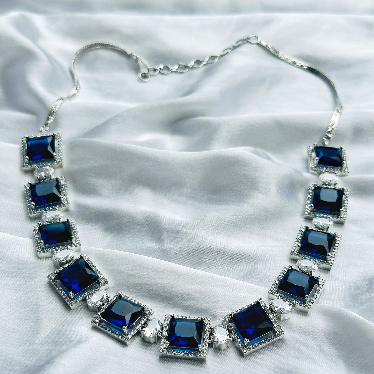 Blue Sapphire Cubic Zircon Stone American Diamond Silver Plated Necklace Set