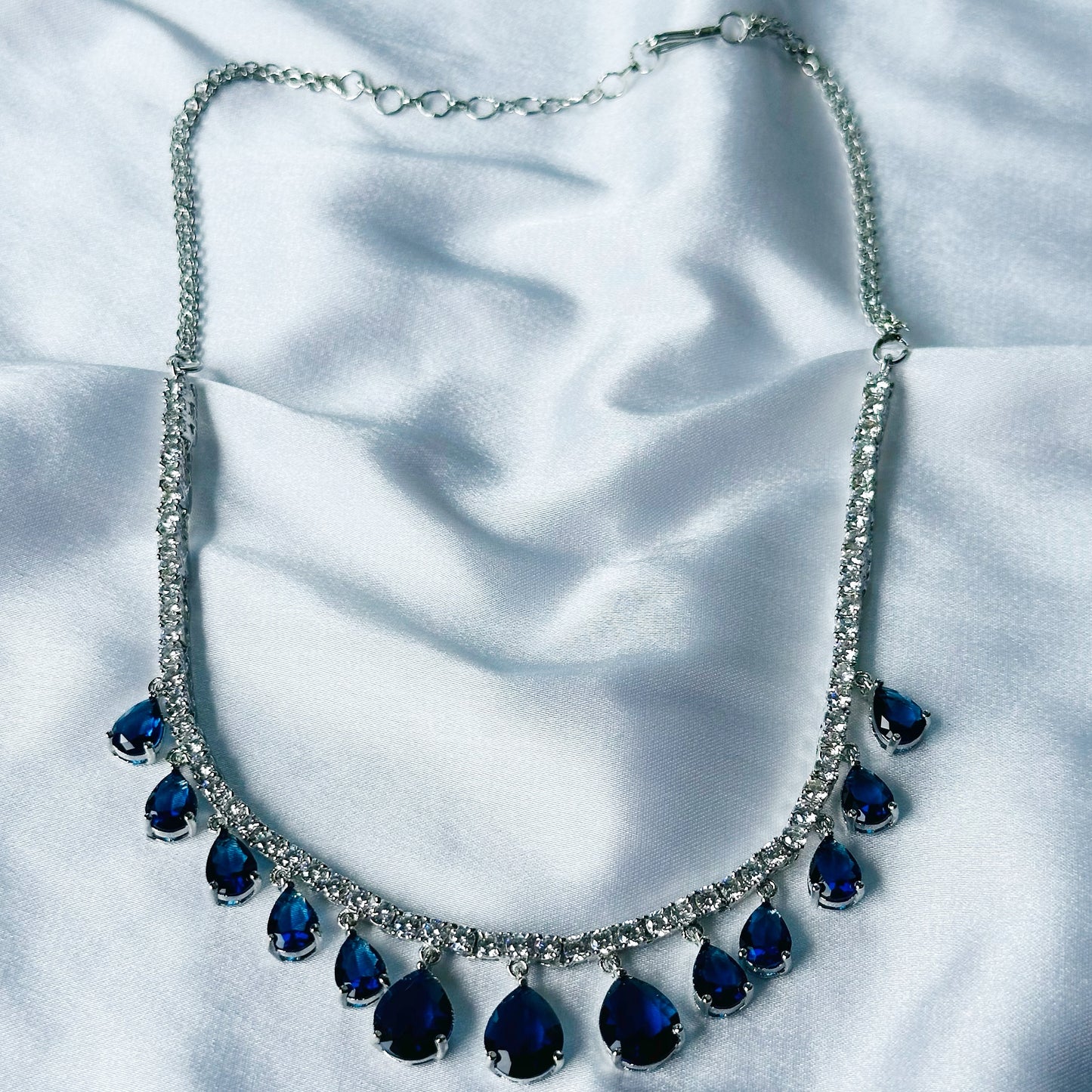 Blue Sapphire Cubic Zircon Stones American Diamond Silver Plated Necklace Set