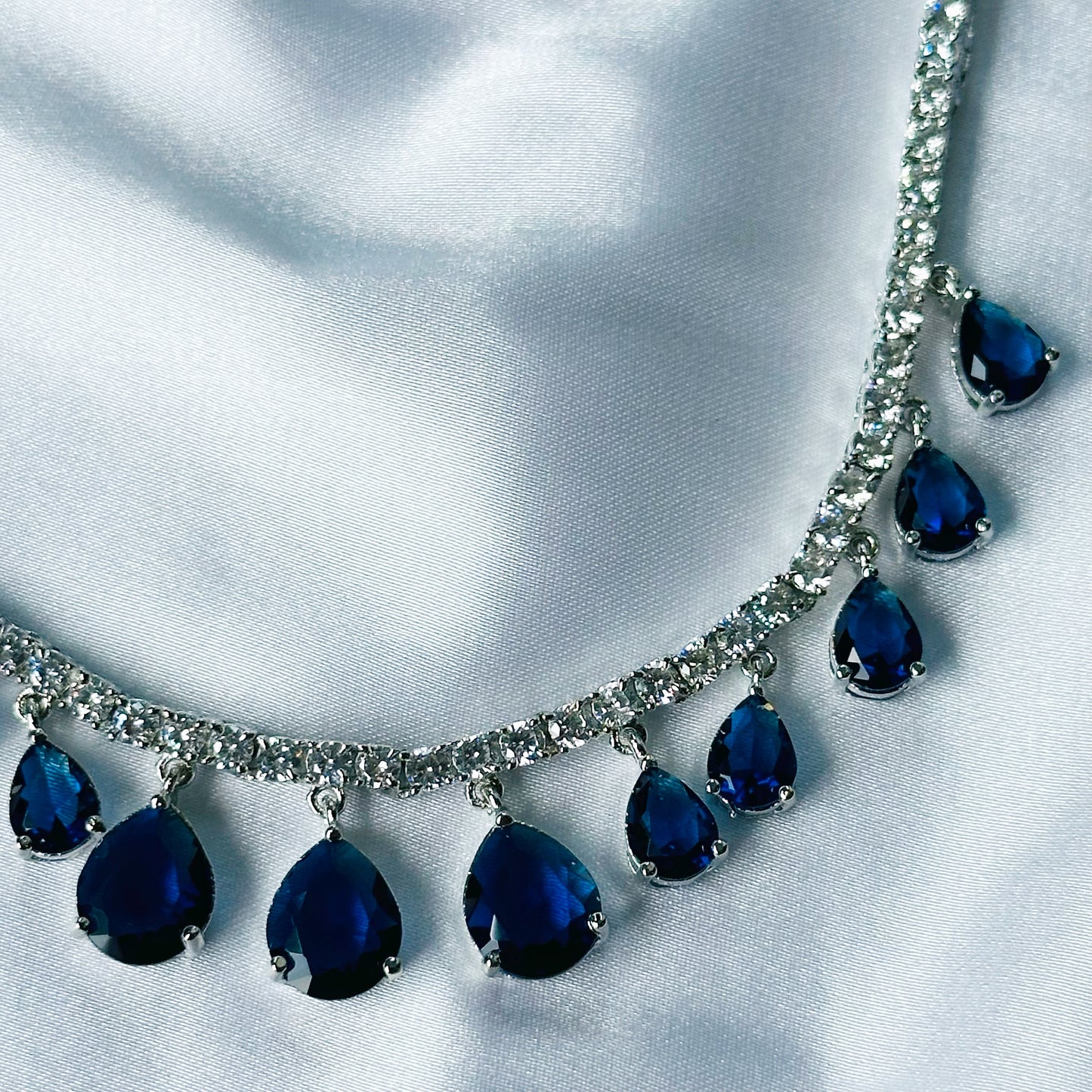 Blue Sapphire Cubic Zircon Stones American Diamond Silver Plated Necklace Set