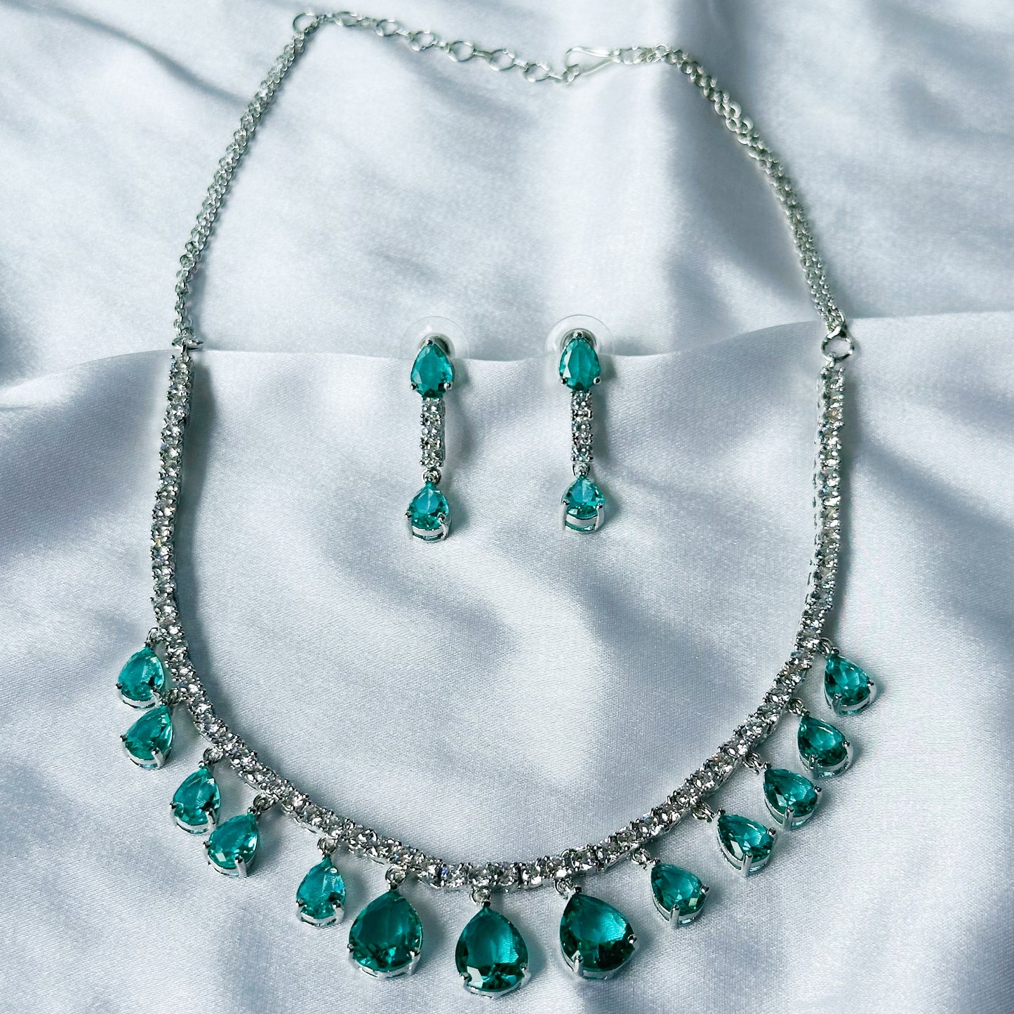 Sea Green Topaz Cubic Zircon Stones American Diamond Silver Plated Necklace Set