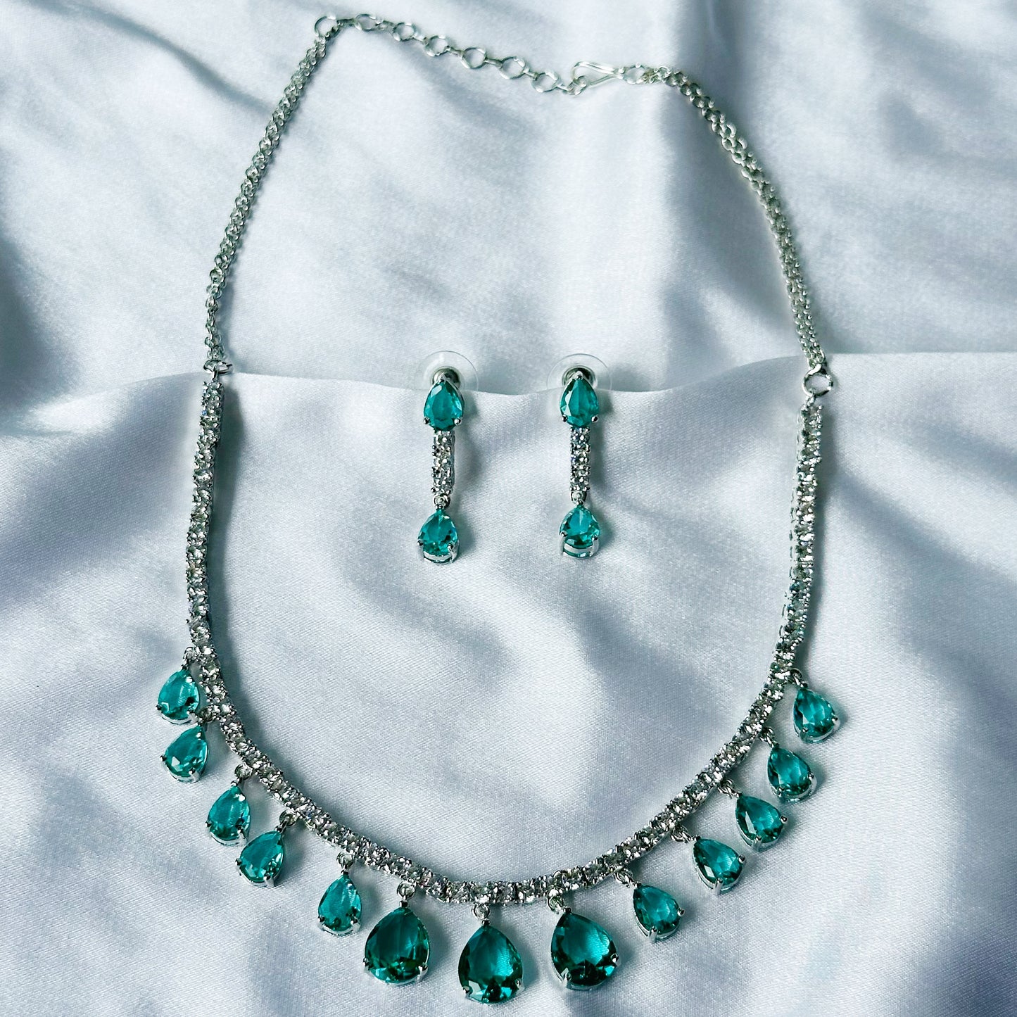 Sea Green Topaz Cubic Zircon Stones American Diamond Silver Plated Necklace Set