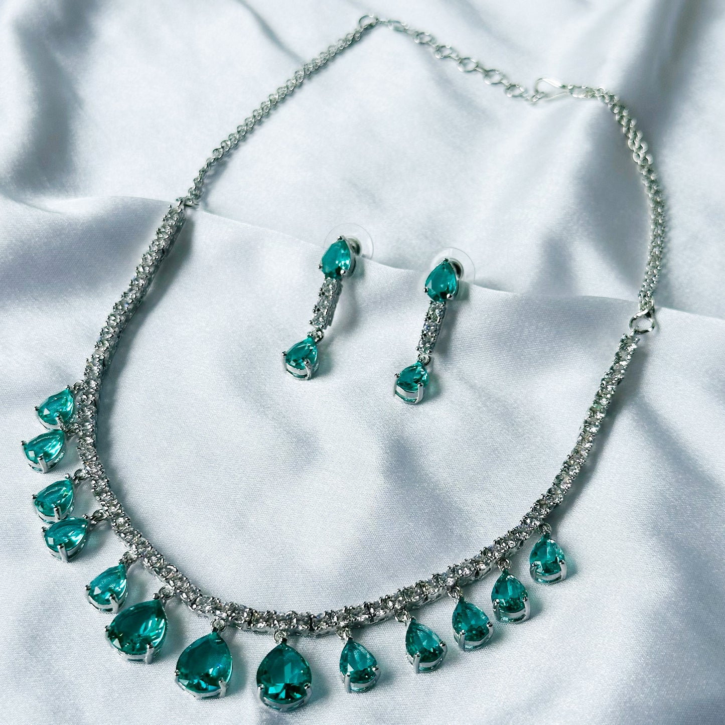 Sea Green Topaz Cubic Zircon Stones American Diamond Silver Plated Necklace Set