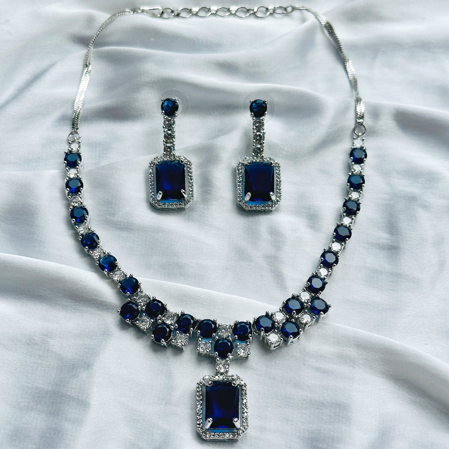 Blue Sapphire Cubic Zircon American Diamond Silver Plated Necklace Set