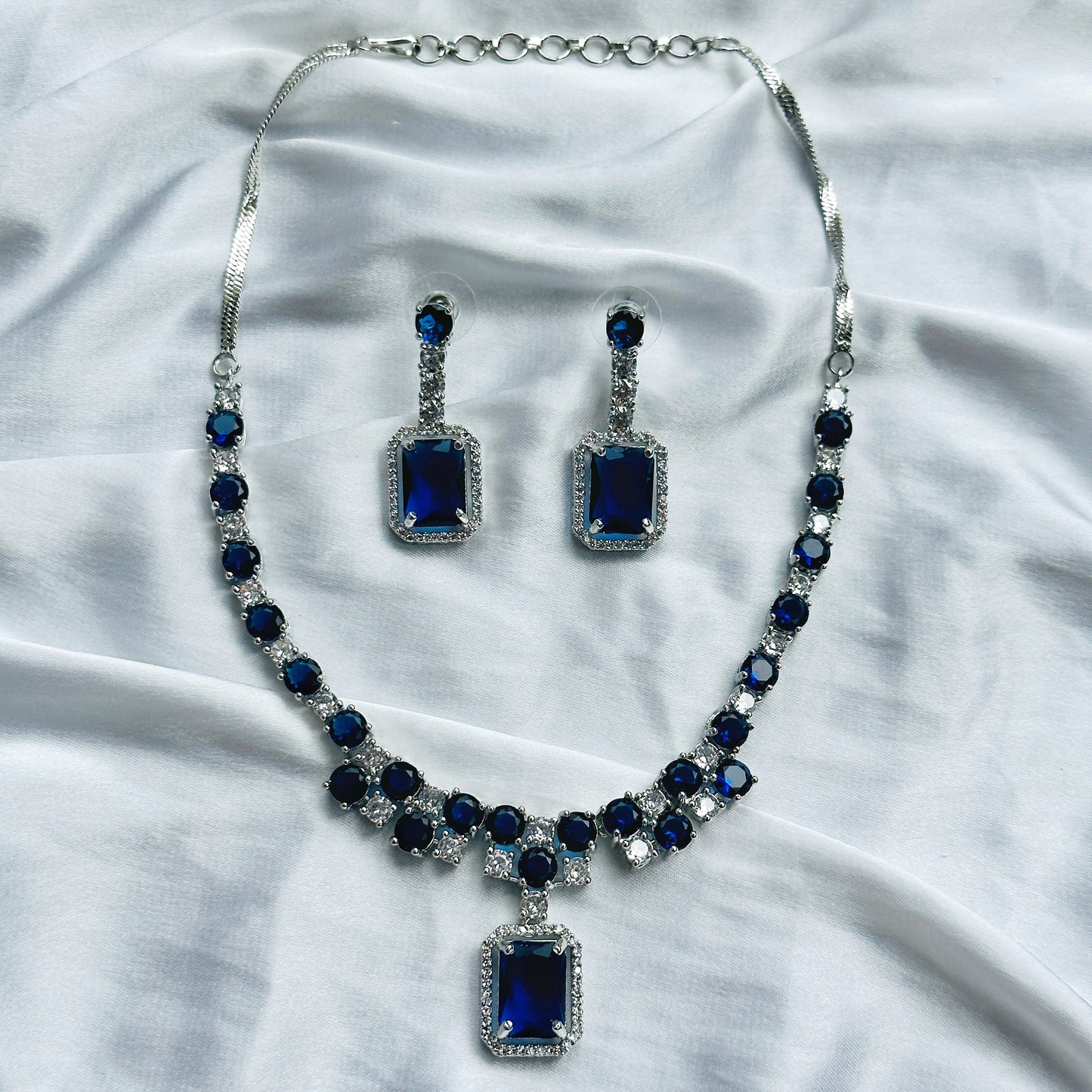 Blue Sapphire Cubic Zircon American Diamond Silver Plated Necklace Set