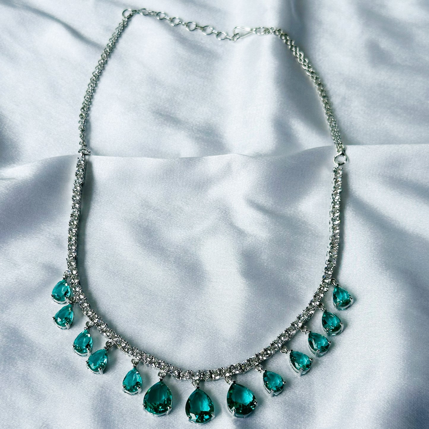 Sea Green Topaz Cubic Zircon Stones American Diamond Silver Plated Necklace Set