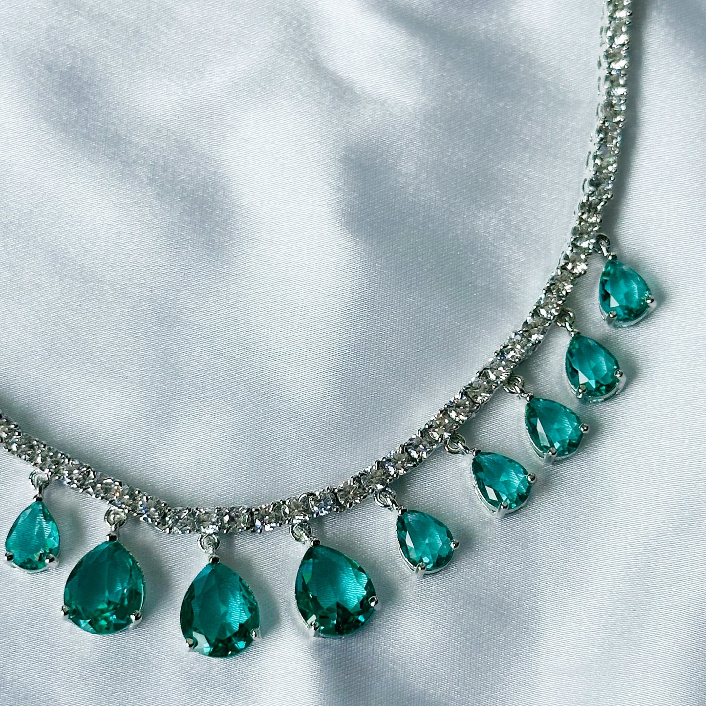 Sea Green Topaz Cubic Zircon Stones American Diamond Silver Plated Necklace Set