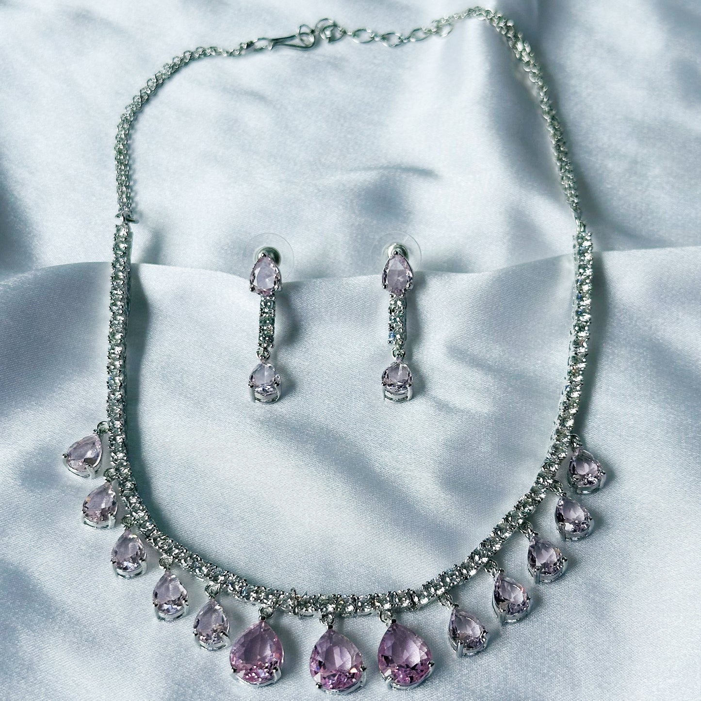 Pink Topaz Cubic Zircon Stones American Diamond Silver Plated Necklace Set