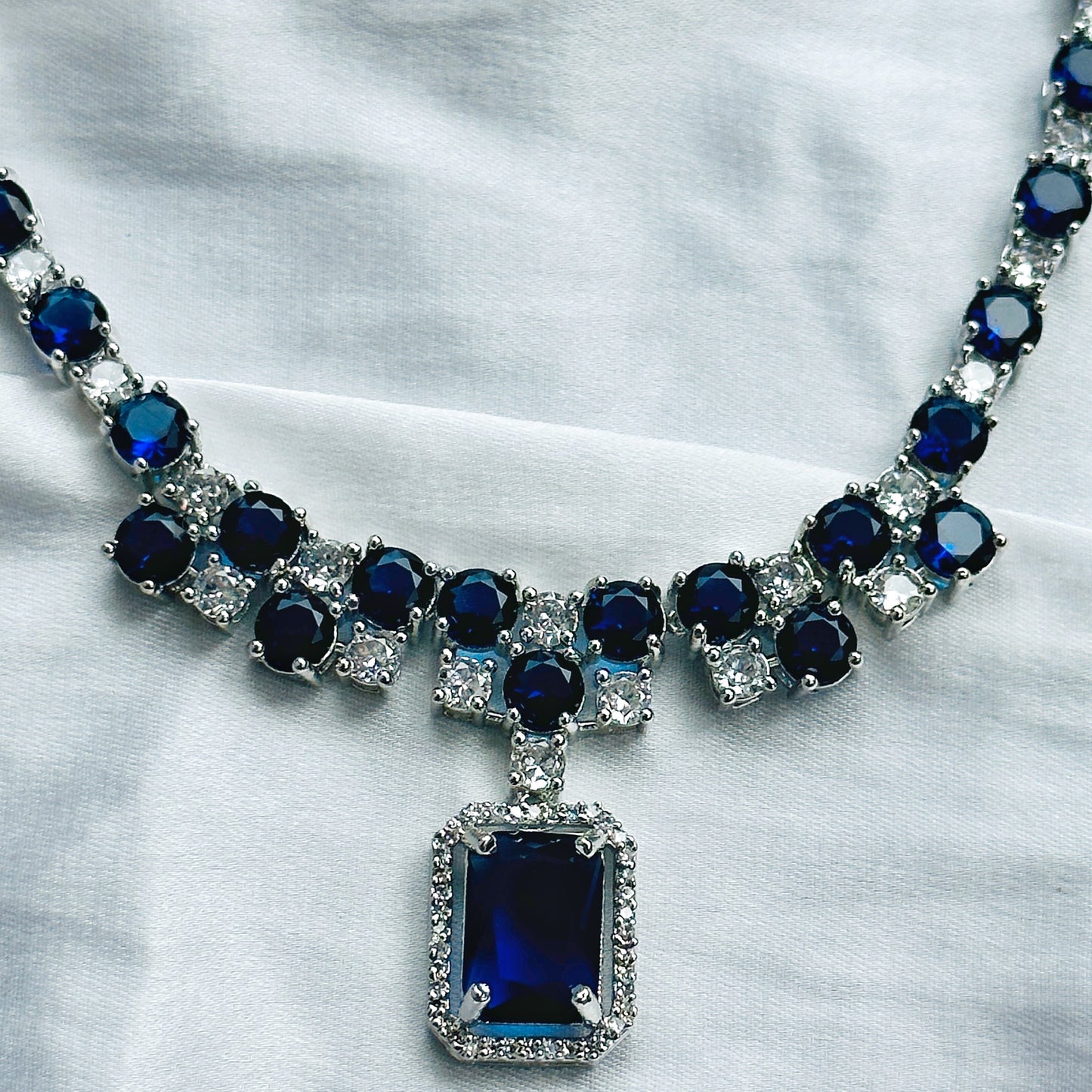 Blue Sapphire Cubic Zircon American Diamond Silver Plated Necklace Set