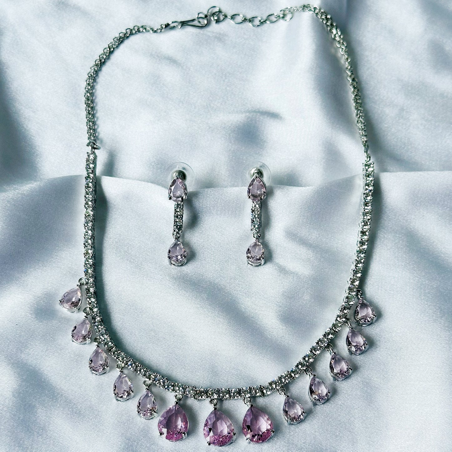 Pink Topaz Cubic Zircon Stones American Diamond Silver Plated Necklace Set