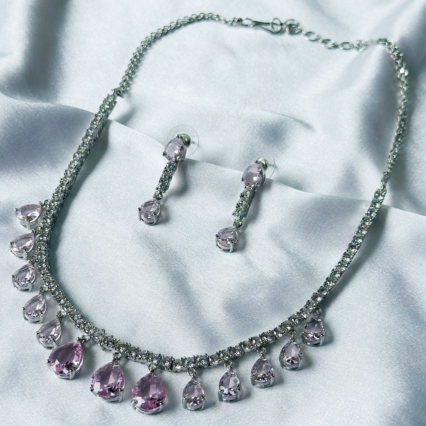 Pink Topaz Cubic Zircon Stones American Diamond Silver Plated Necklace Set