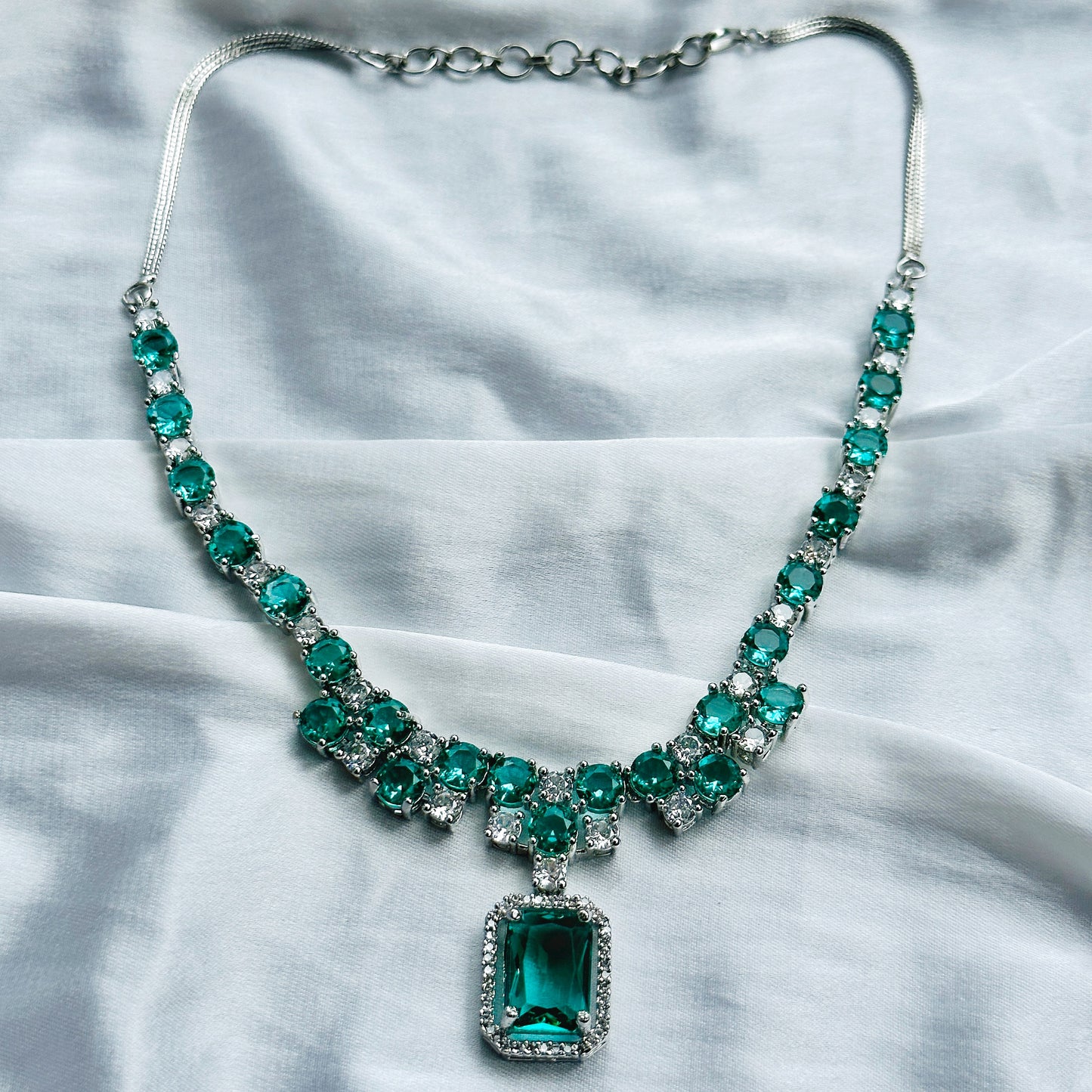 Sea Green Topaz Cubic Zircon American Diamond Silver Plated Necklace Set