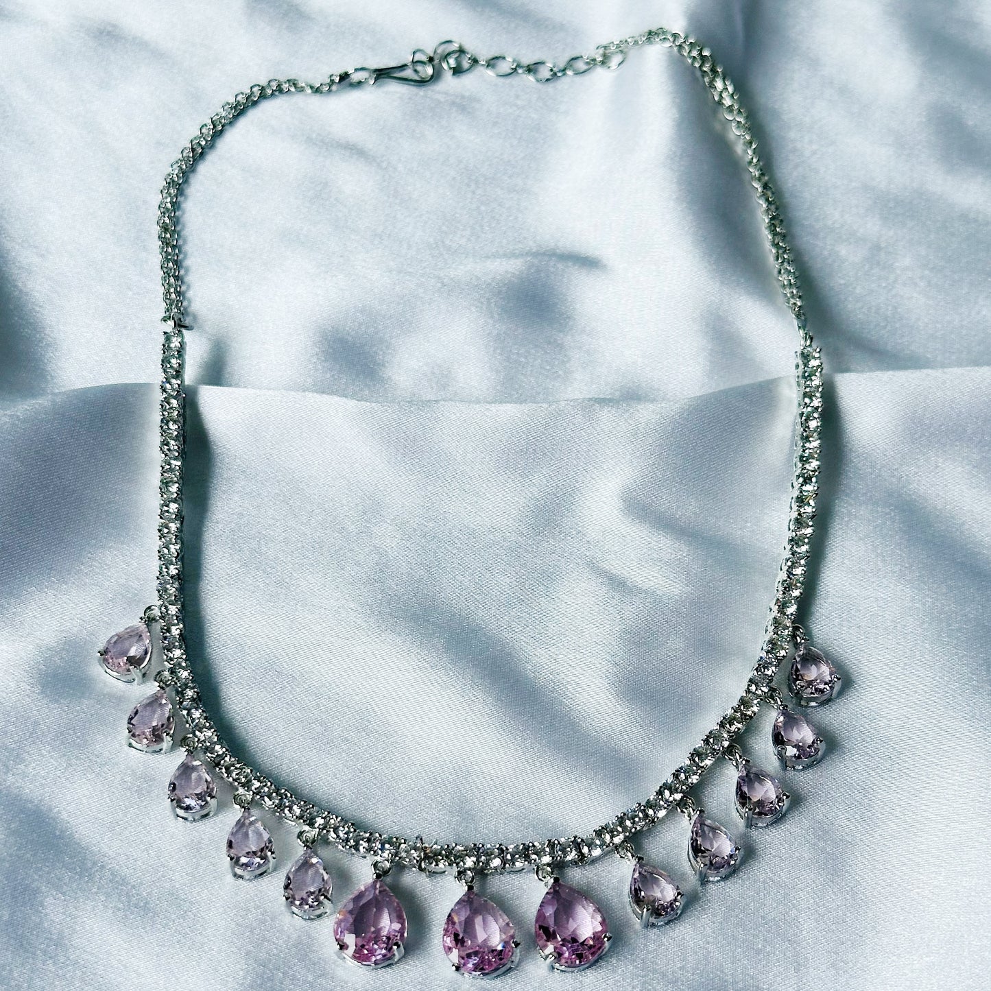 Pink Topaz Cubic Zircon Stones American Diamond Silver Plated Necklace Set
