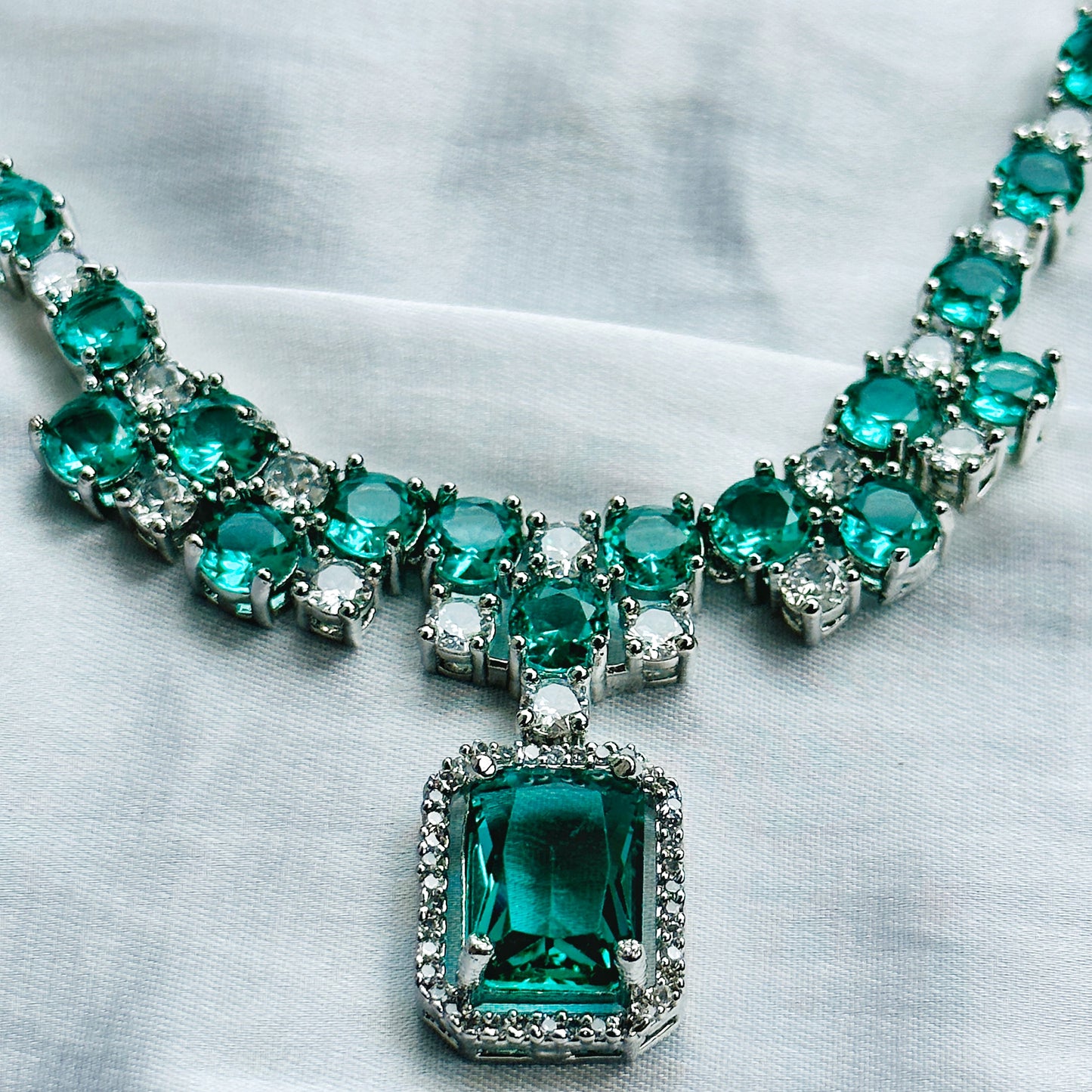 Sea Green Topaz Cubic Zircon American Diamond Silver Plated Necklace Set