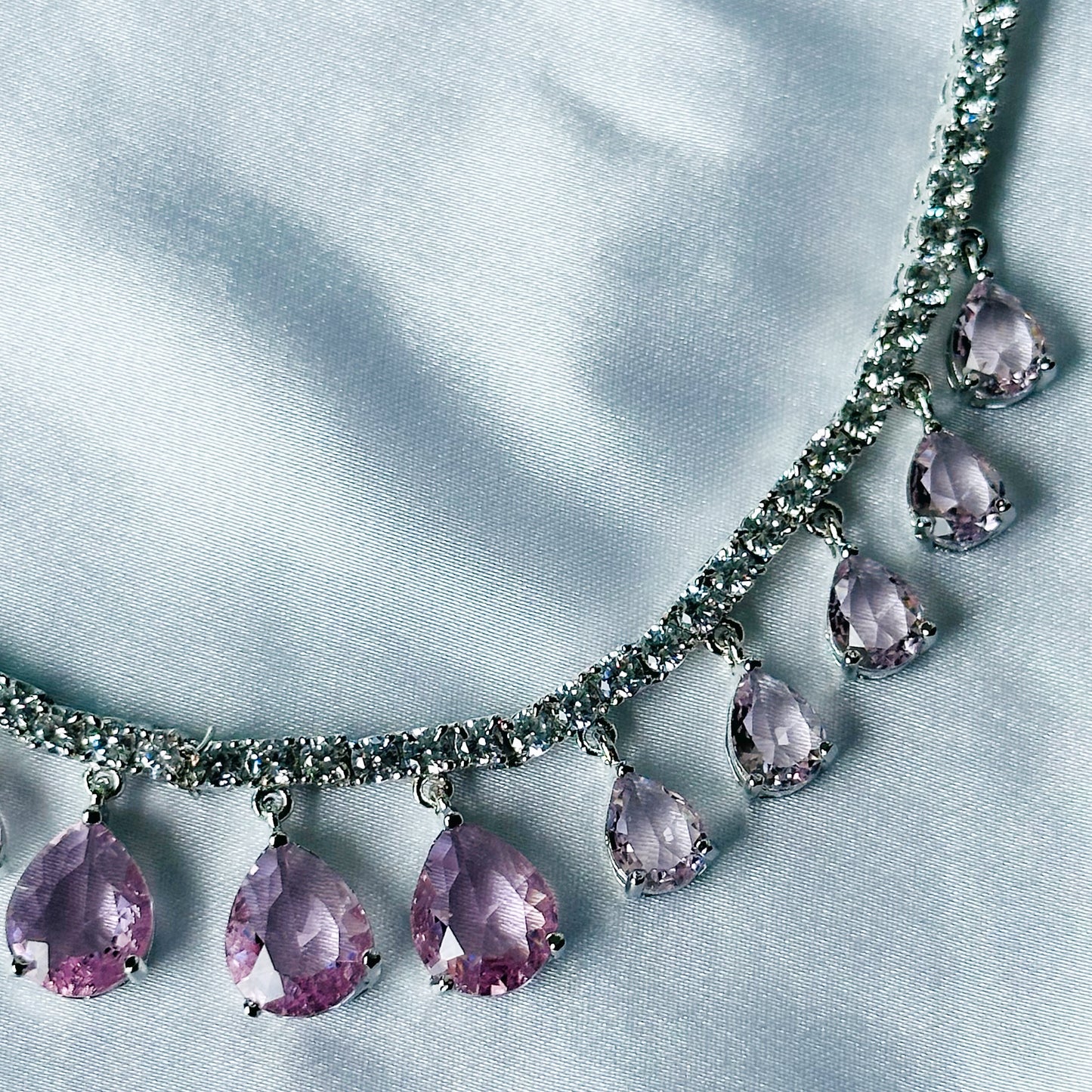 Pink Topaz Cubic Zircon Stones American Diamond Silver Plated Necklace Set