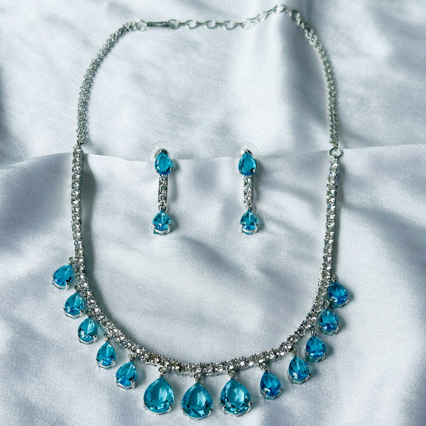 Aqua Blue Sapphire Cubic Zircon Stones American Diamond Silver Plated Necklace Set