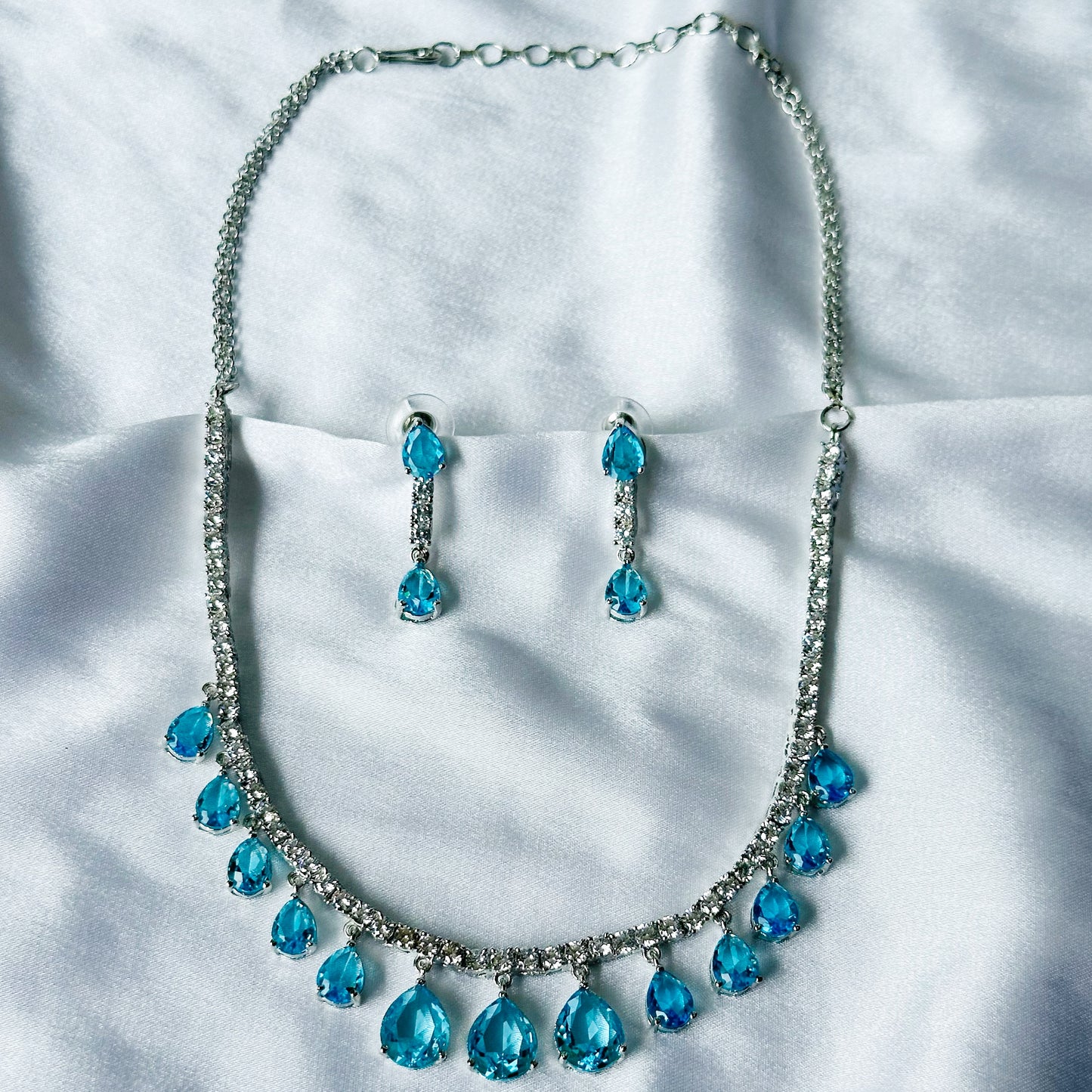 Aqua Blue Sapphire Cubic Zircon Stones American Diamond Silver Plated Necklace Set