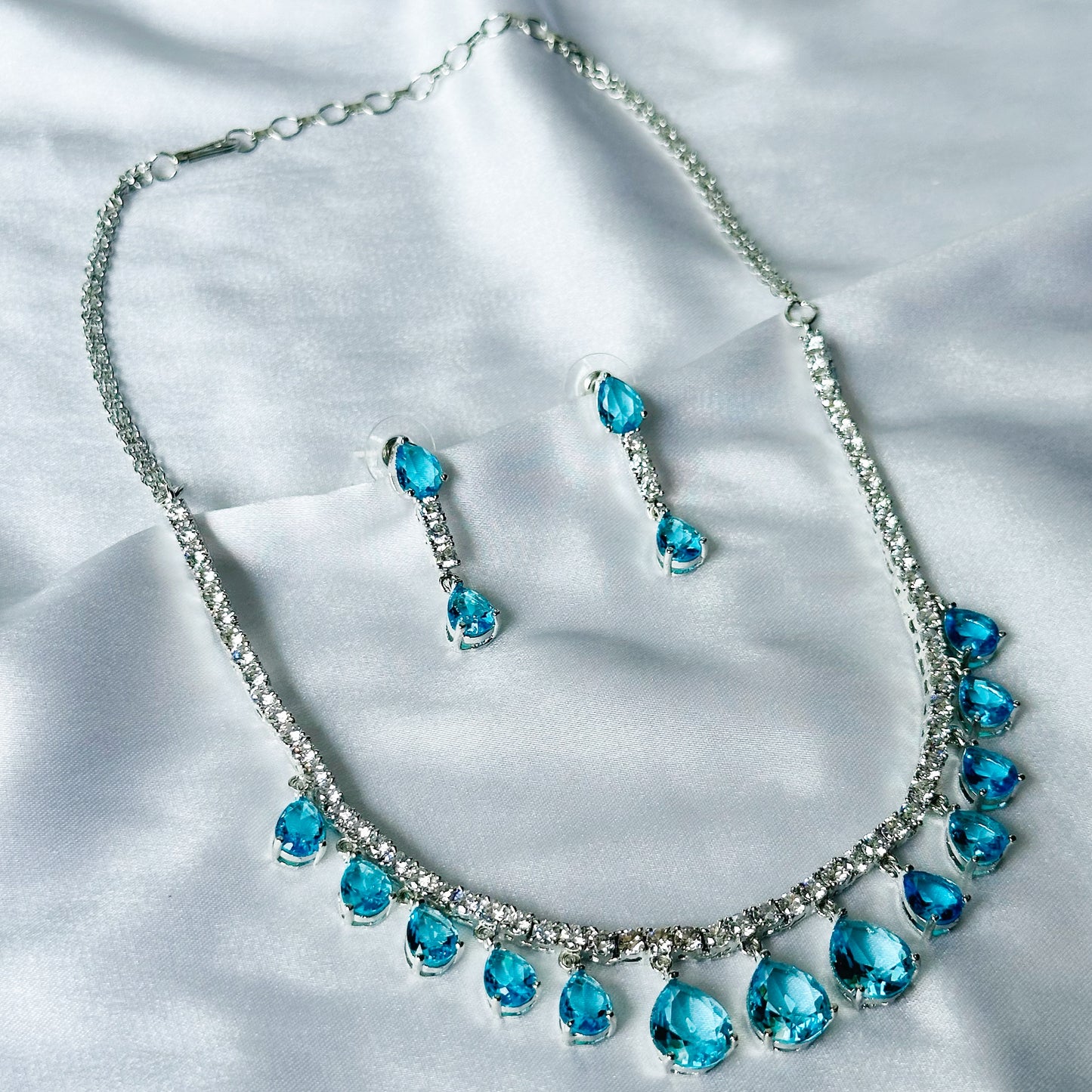 Aqua Blue Sapphire Cubic Zircon Stones American Diamond Silver Plated Necklace Set