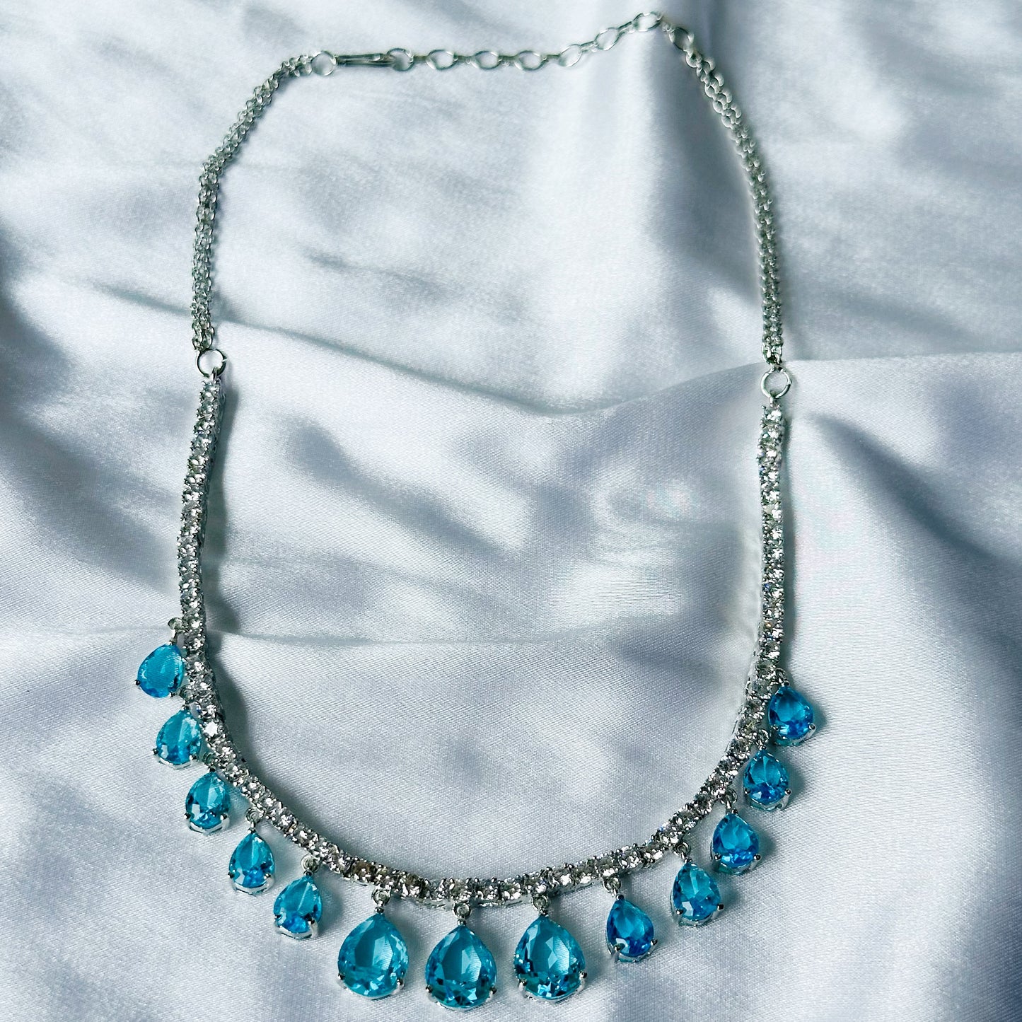 Aqua Blue Sapphire Cubic Zircon Stones American Diamond Silver Plated Necklace Set