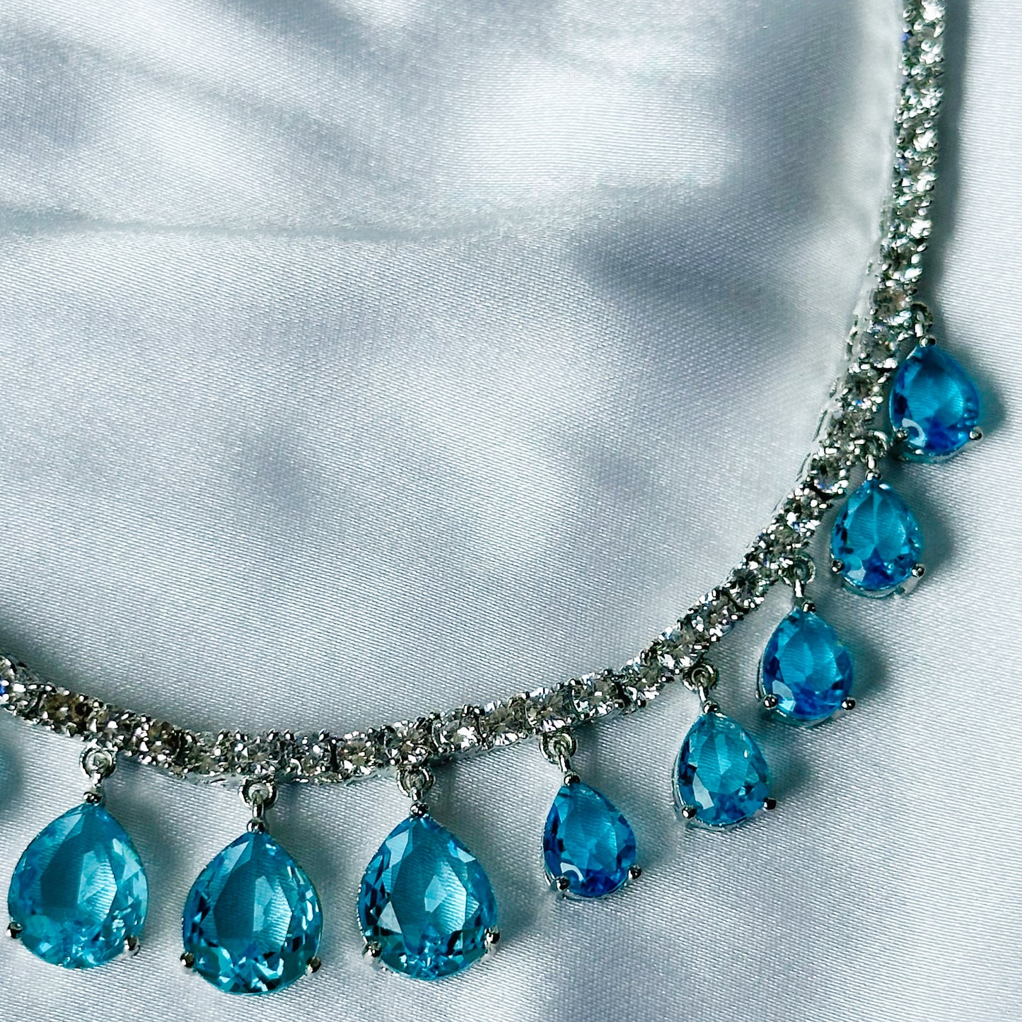 Aqua Blue Sapphire Cubic Zircon Stones American Diamond Silver Plated Necklace Set