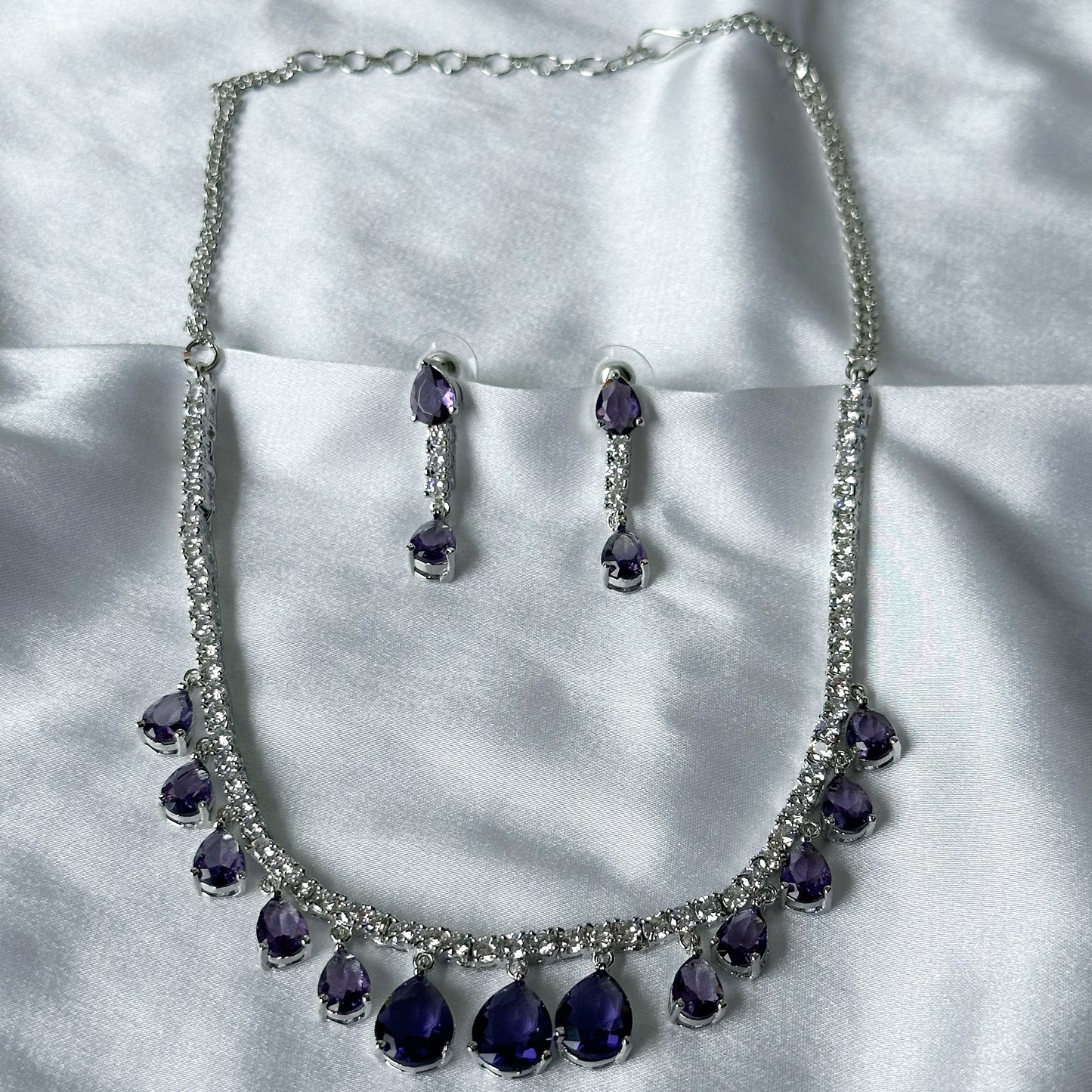 Deep Purple Amethyst Cubic Zircon Stones American Diamond Silver Plated Necklace Set