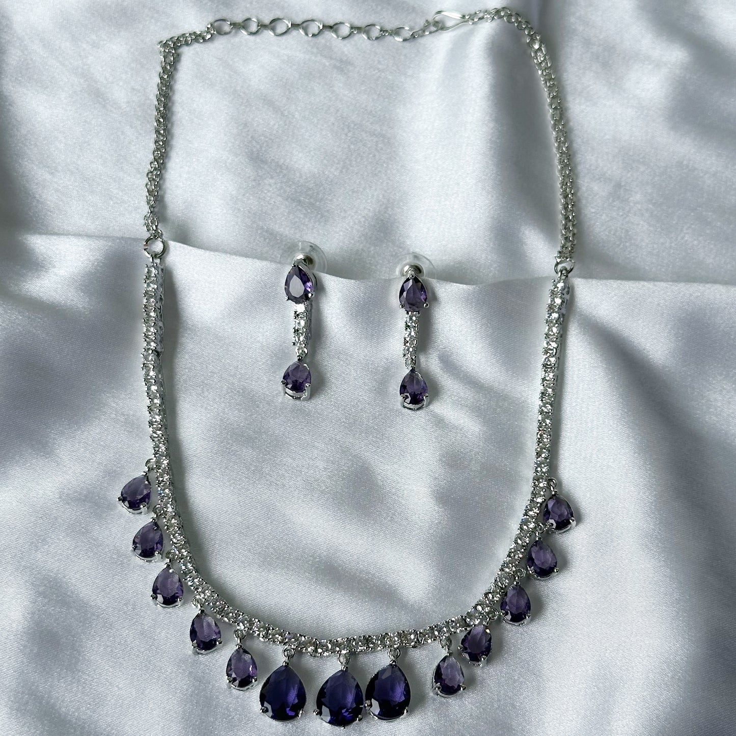 Deep Purple Amethyst Cubic Zircon Stones American Diamond Silver Plated Necklace Set