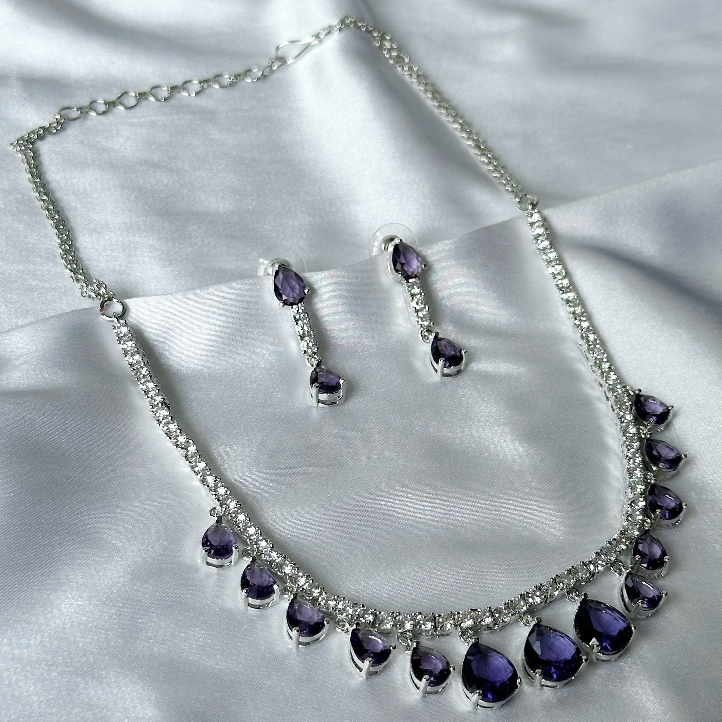 Deep Purple Amethyst Cubic Zircon Stones American Diamond Silver Plated Necklace Set