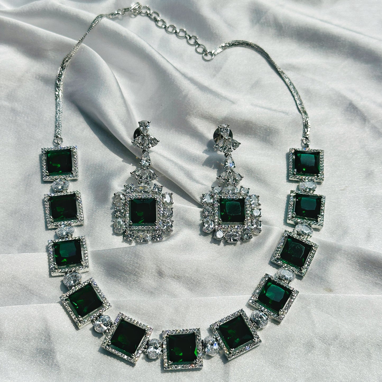 Green Emerald Cubic Zircon Stone American Diamond Silver Plated Necklace Set