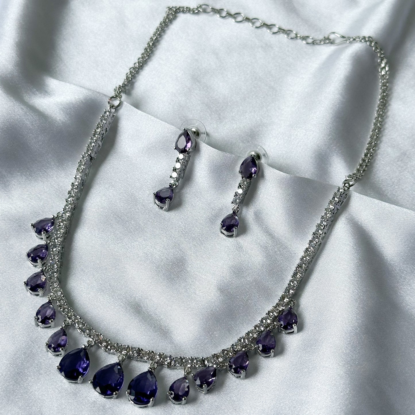 Deep Purple Amethyst Cubic Zircon Stones American Diamond Silver Plated Necklace Set