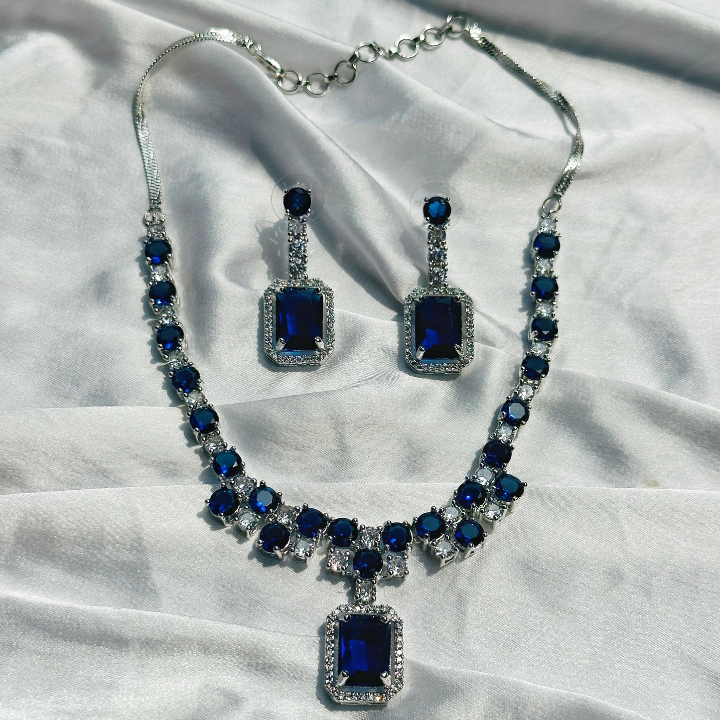 Blue Sapphire Cubic Zircon American Diamond Silver Plated Necklace Set