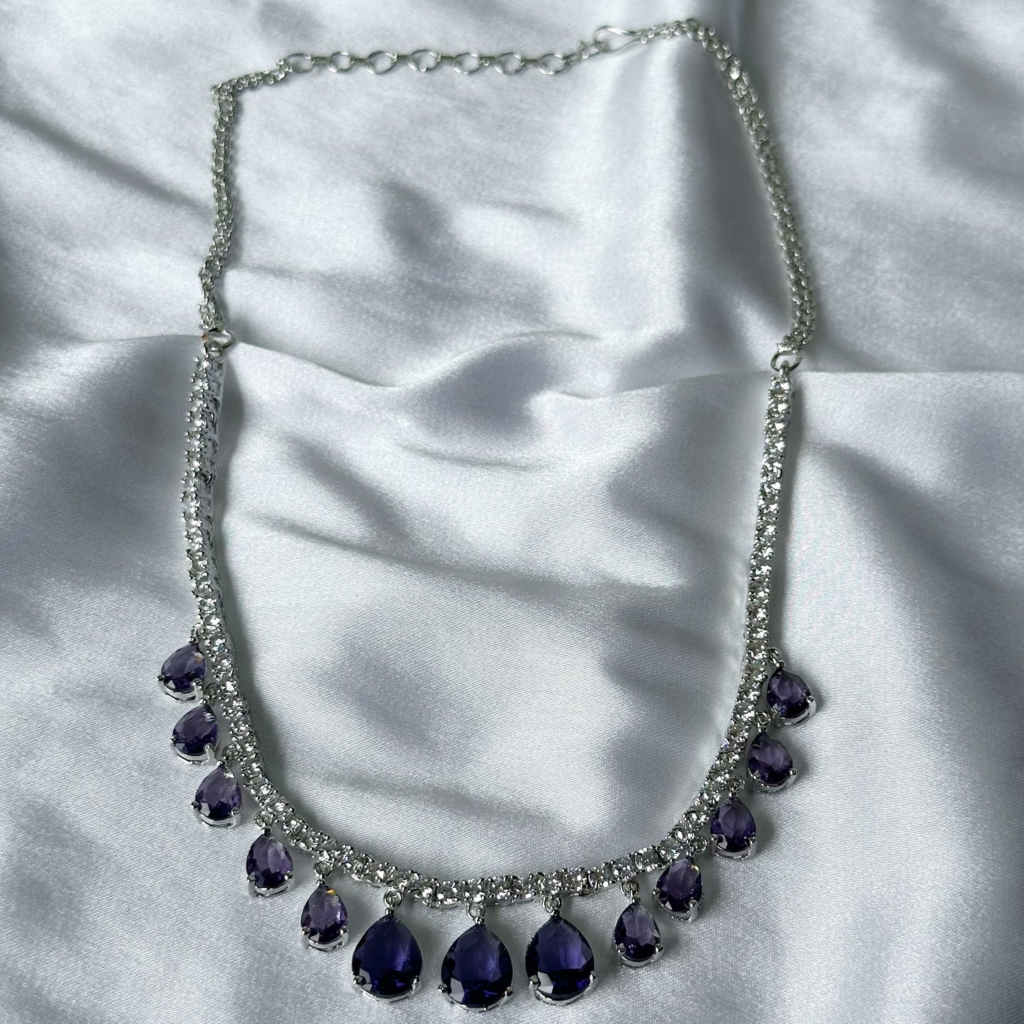 Deep Purple Amethyst Cubic Zircon Stones American Diamond Silver Plated Necklace Set