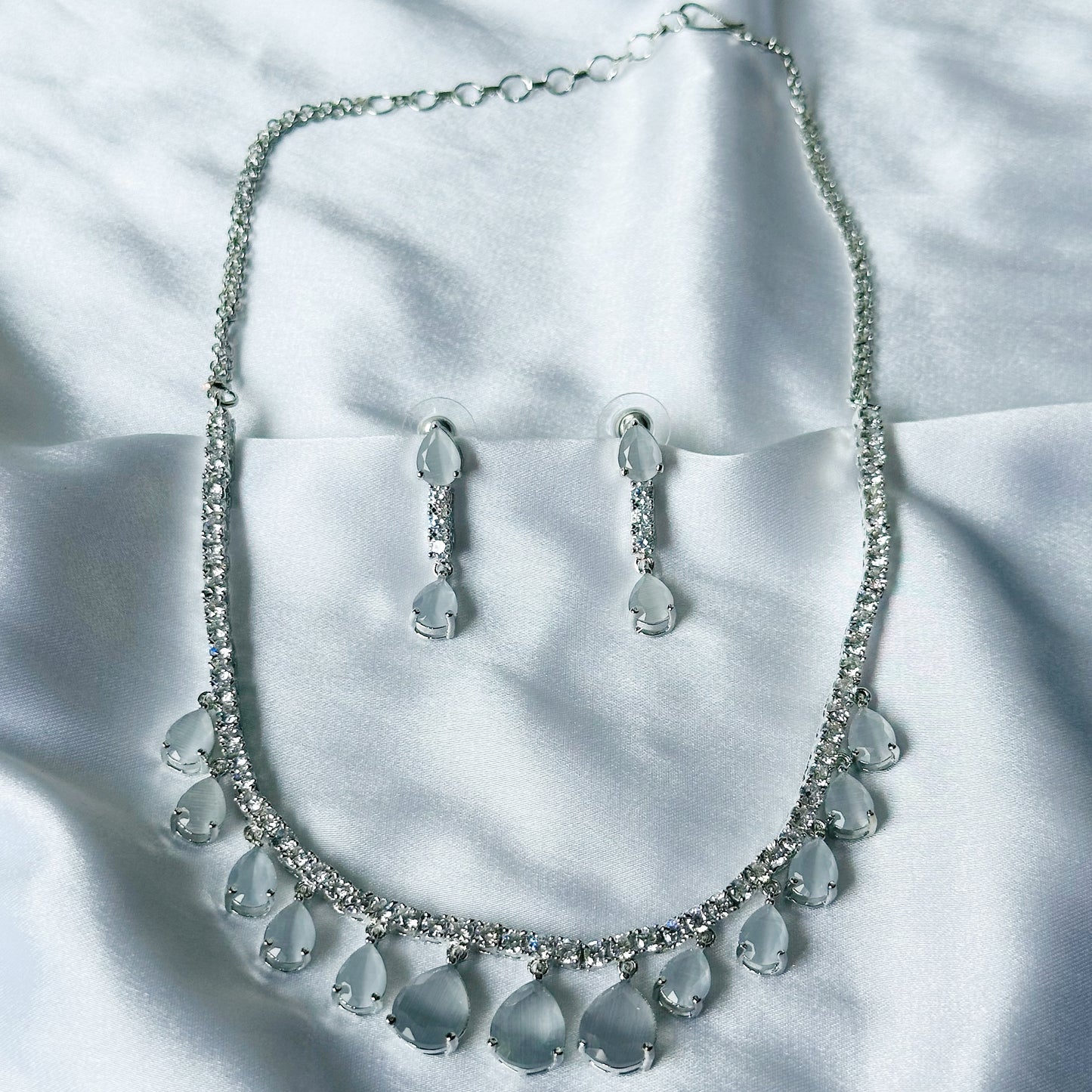 Grey Zircon Stones American Diamond Silver Plated Necklace Set