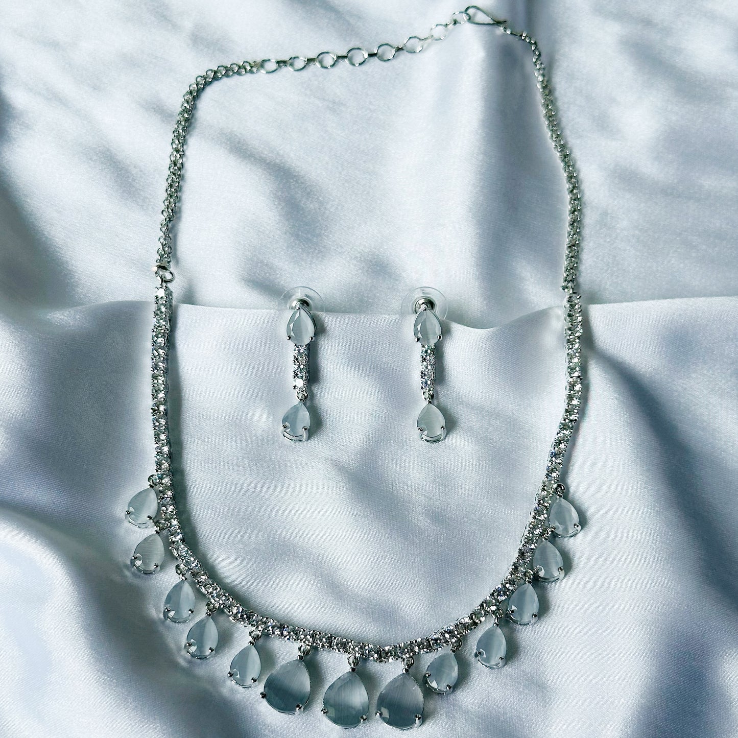 Grey Zircon Stones American Diamond Silver Plated Necklace Set