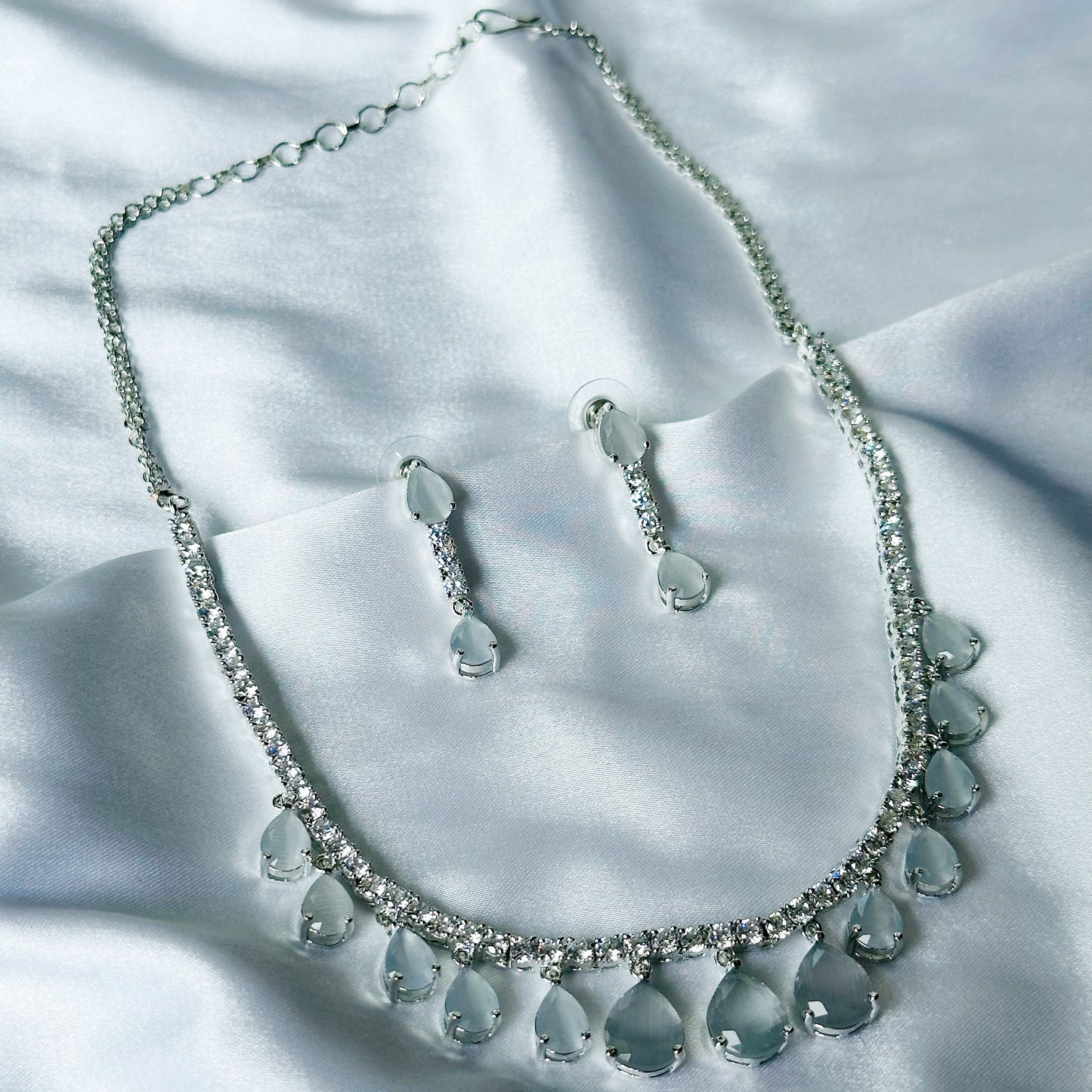 Grey Zircon Stones American Diamond Silver Plated Necklace Set