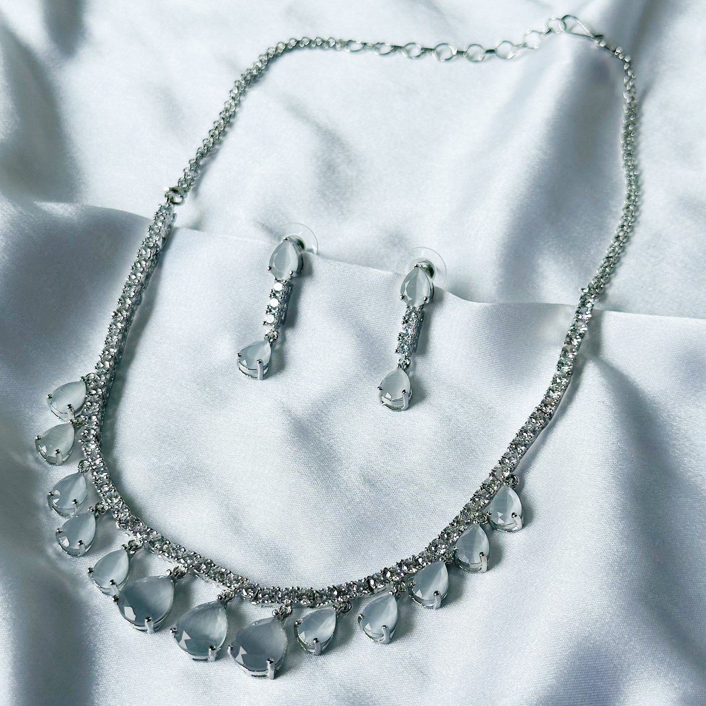 Grey Zircon Stones American Diamond Silver Plated Necklace Set