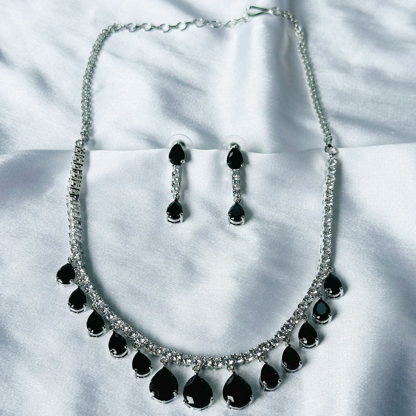 Black Zircon Stones American Diamond Silver Plated Necklace Set