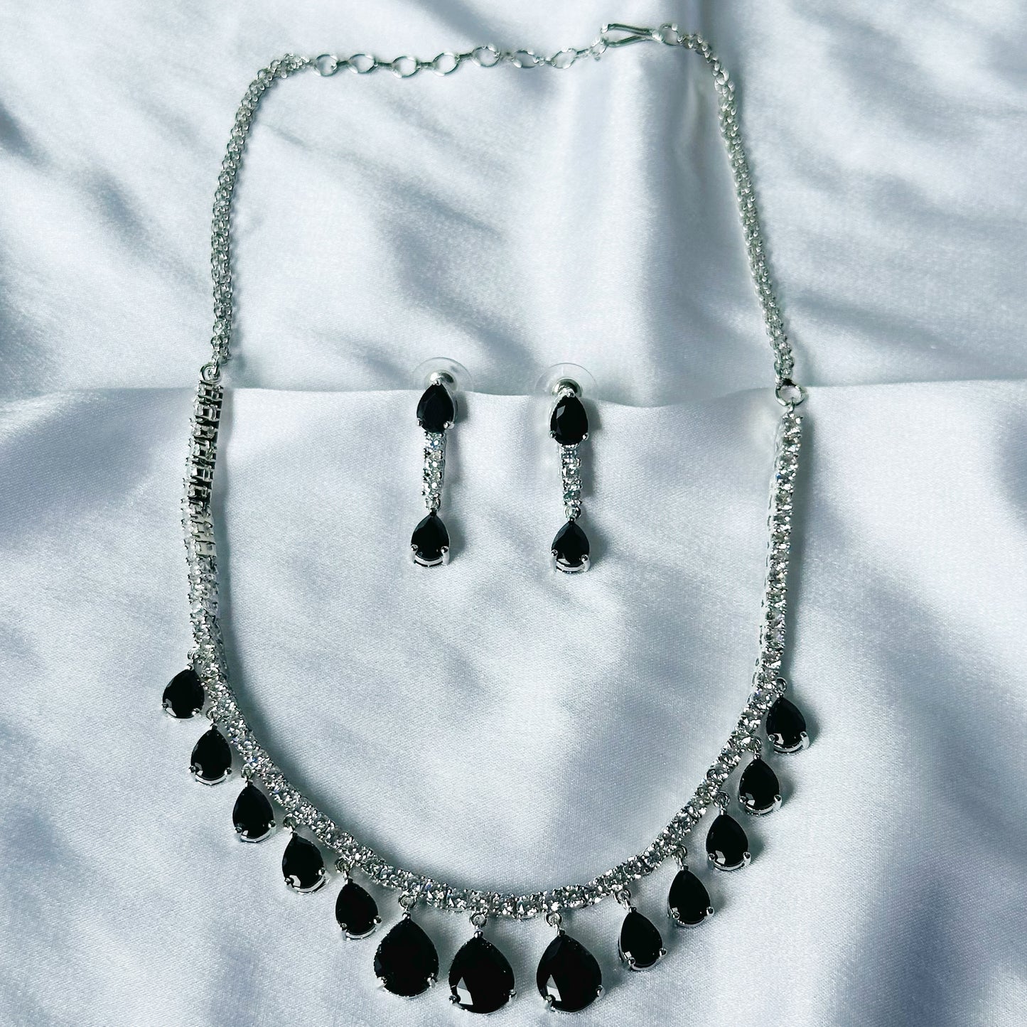 Black Zircon Stones American Diamond Silver Plated Necklace Set
