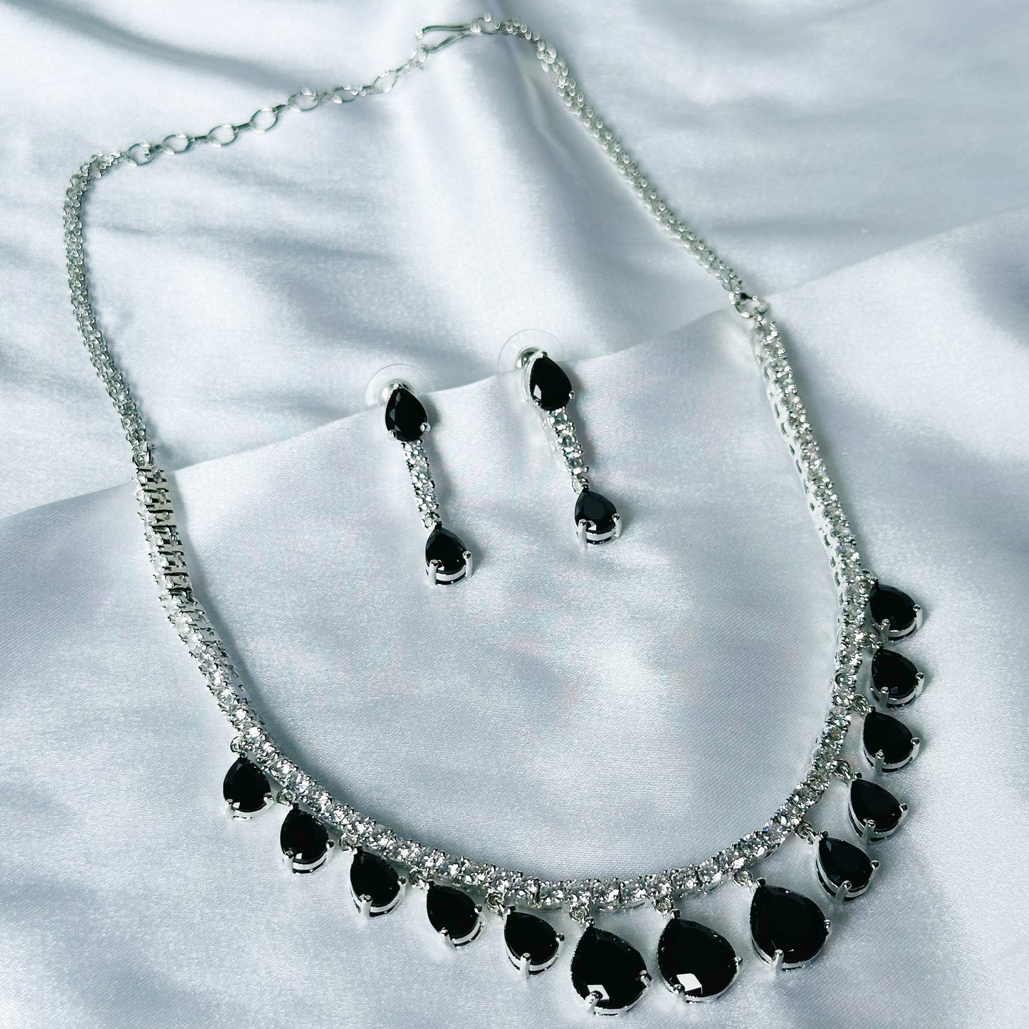 Black Zircon Stones American Diamond Silver Plated Necklace Set