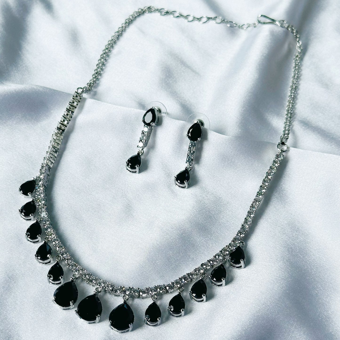 Black Zircon Stones American Diamond Silver Plated Necklace Set