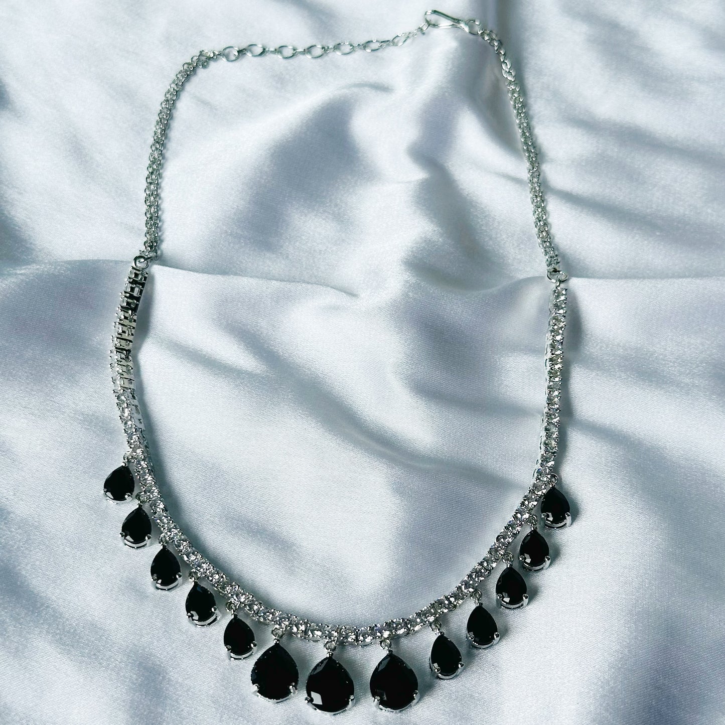 Black Zircon Stones American Diamond Silver Plated Necklace Set