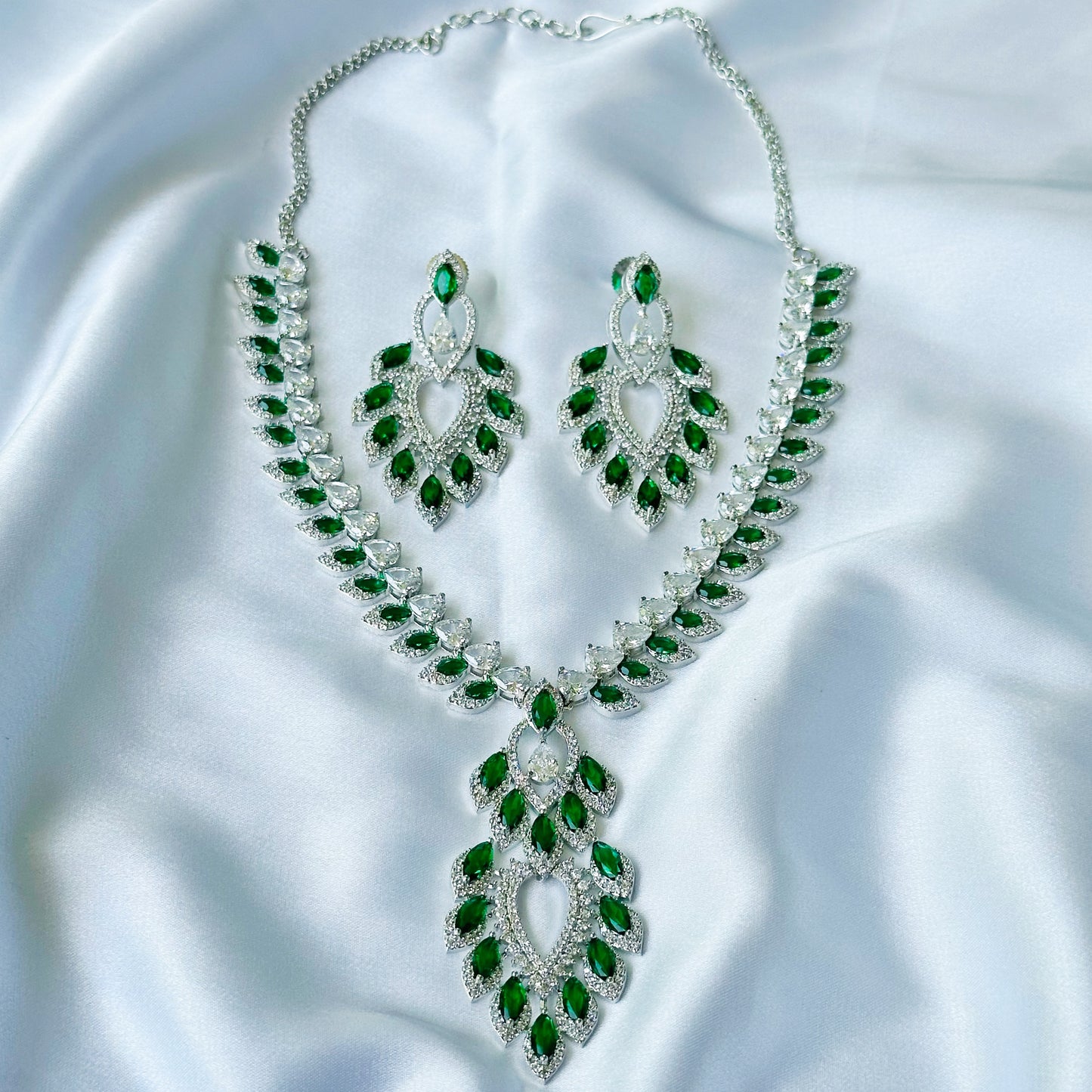 Green Emerald Cubic Zircon American Diamond Silver Plated Necklace Set