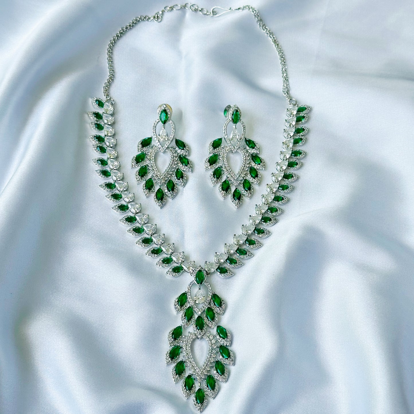 Green Emerald Cubic Zircon American Diamond Silver Plated Necklace Set