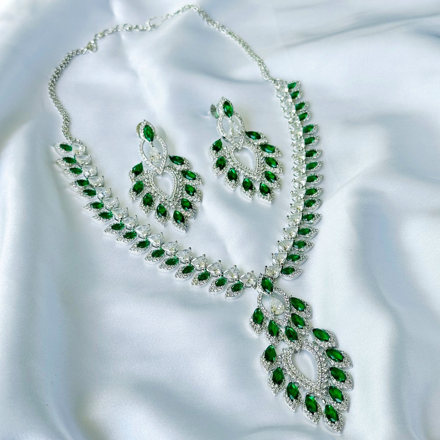Green Emerald Cubic Zircon American Diamond Silver Plated Necklace Set