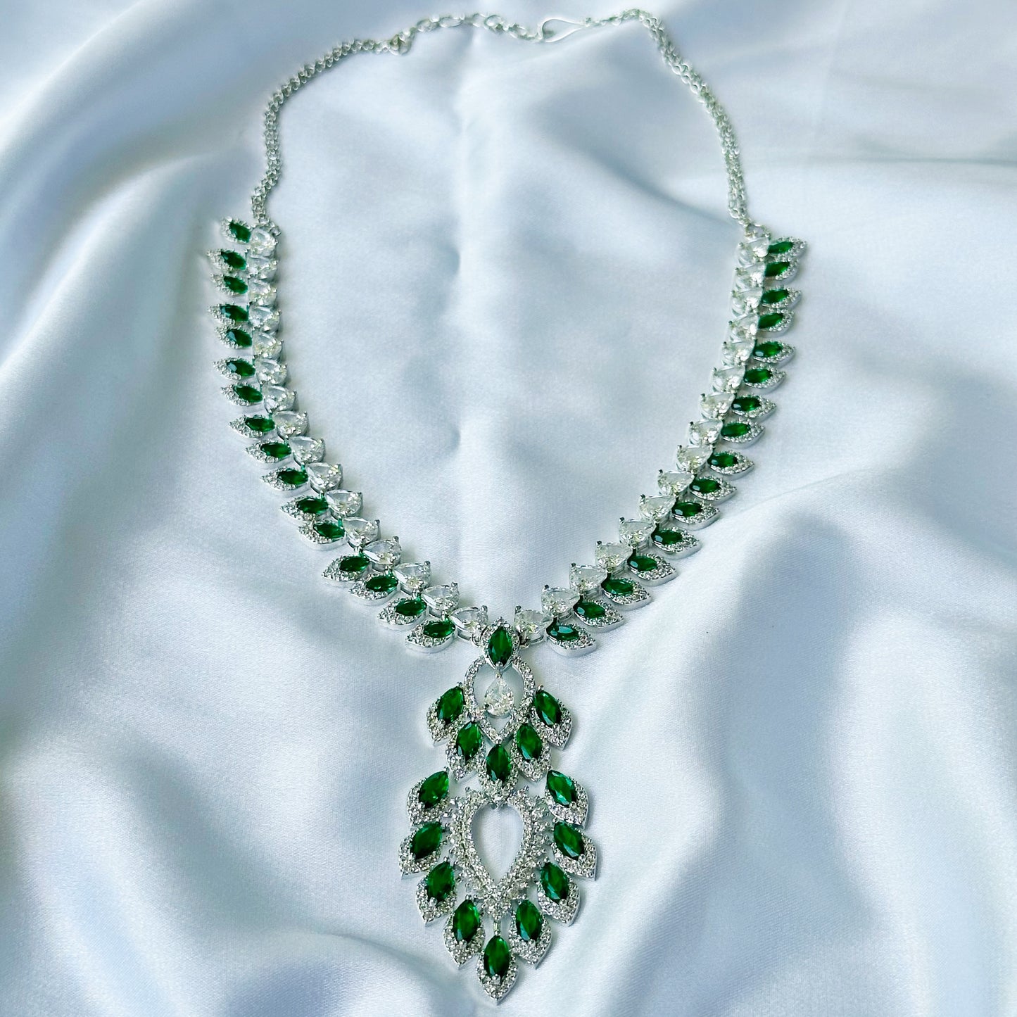 Green Emerald Cubic Zircon American Diamond Silver Plated Necklace Set