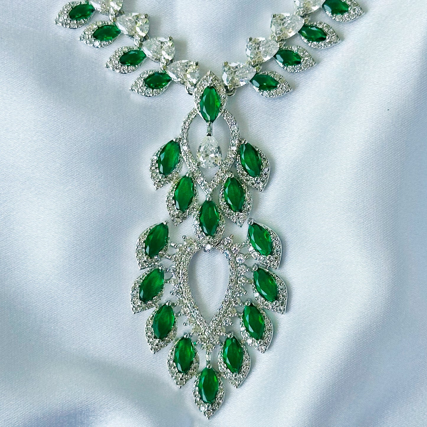 Green Emerald Cubic Zircon American Diamond Silver Plated Necklace Set