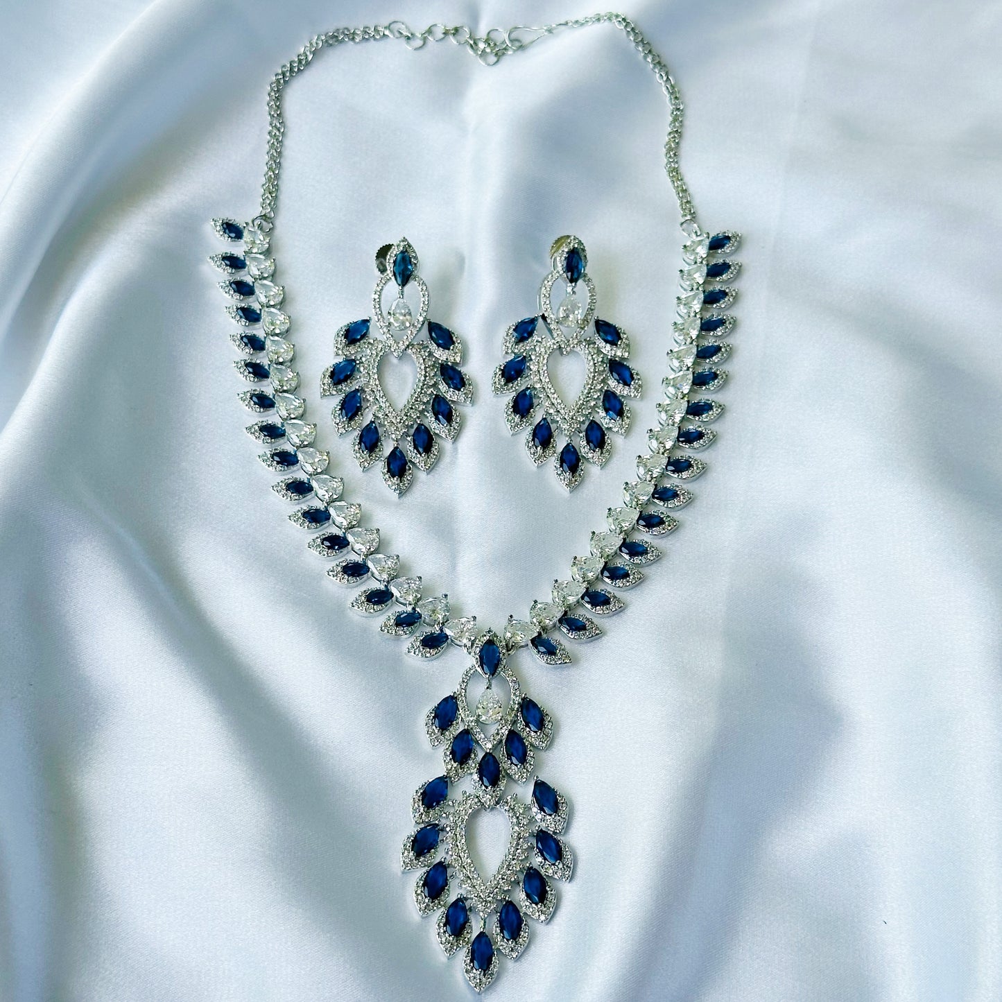 Blue Sapphire Cubic Zircon American Diamond Silver Plated Necklace Set