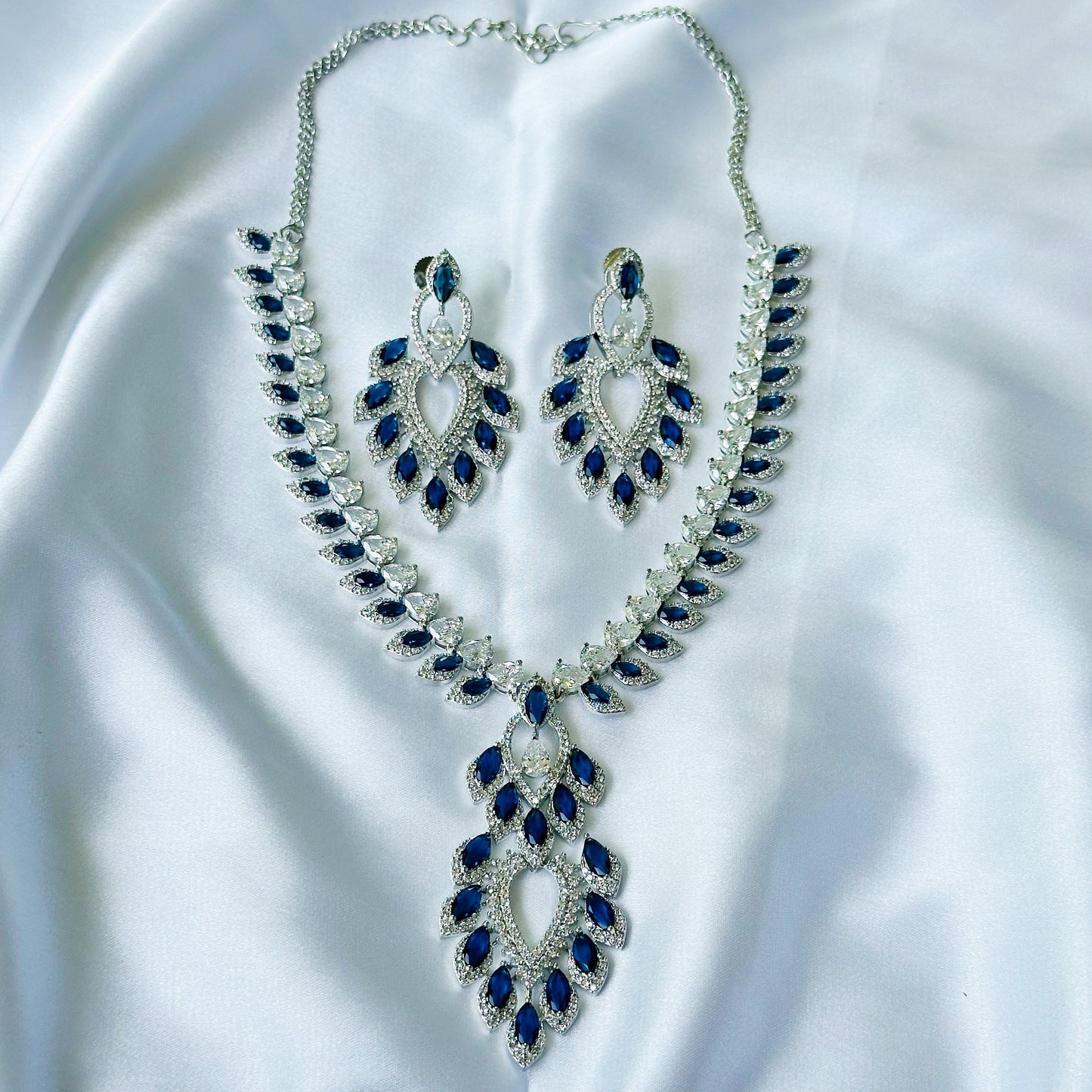 Blue Sapphire Cubic Zircon American Diamond Silver Plated Necklace Set