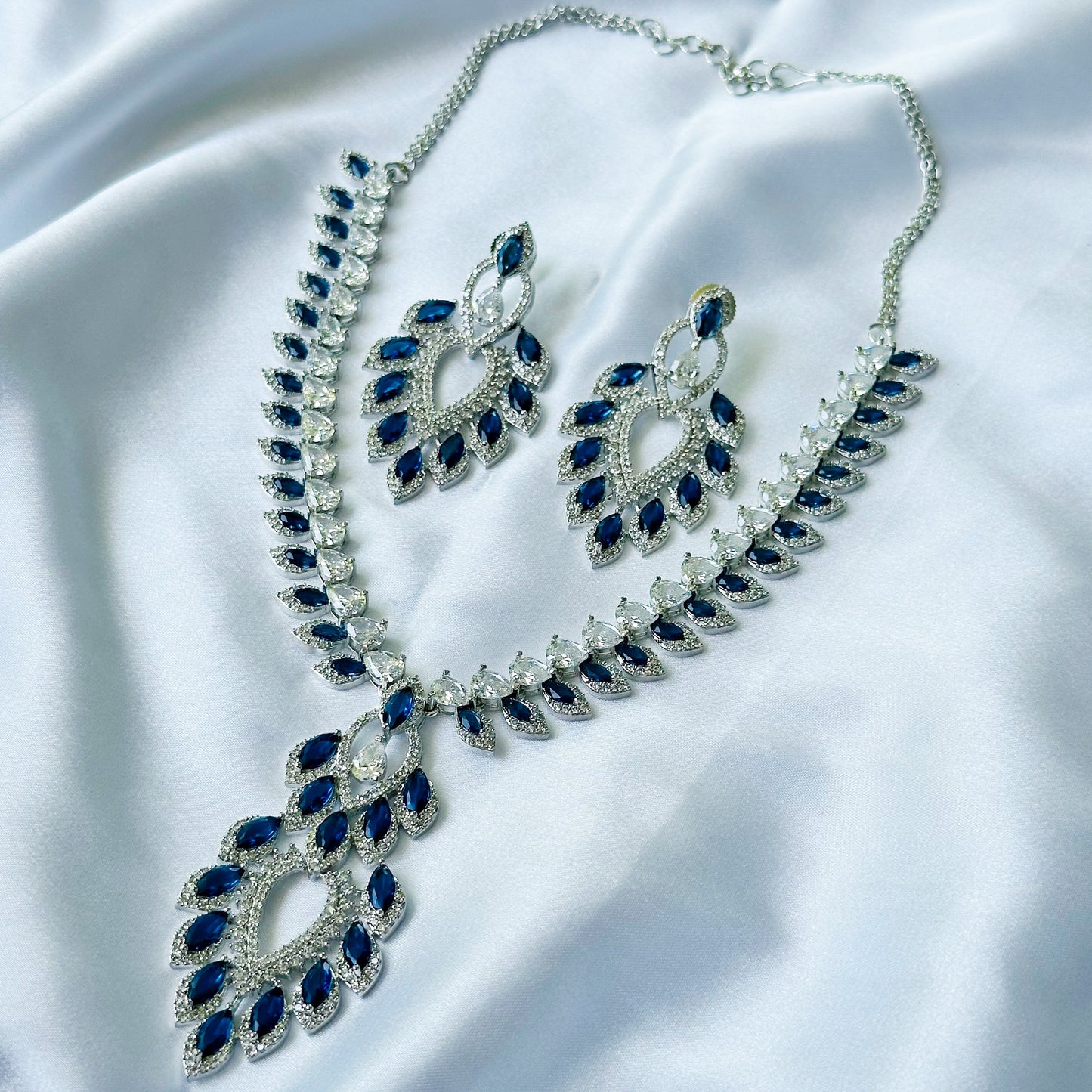 Blue Sapphire Cubic Zircon American Diamond Silver Plated Necklace Set