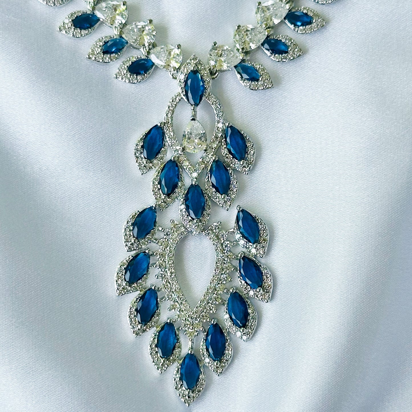 Blue Sapphire Cubic Zircon American Diamond Silver Plated Necklace Set