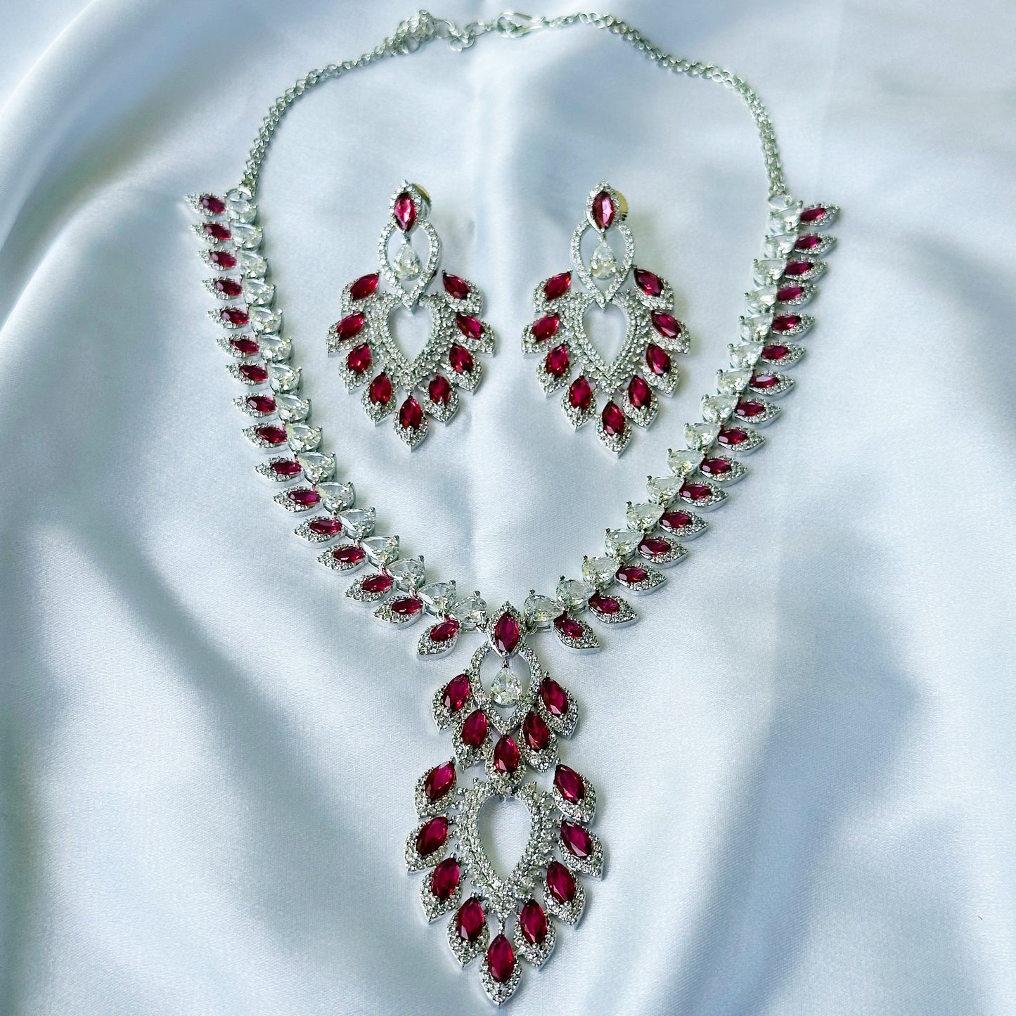 Red Ruby Cubic Zircon American Diamond Silver Plated Necklace Set